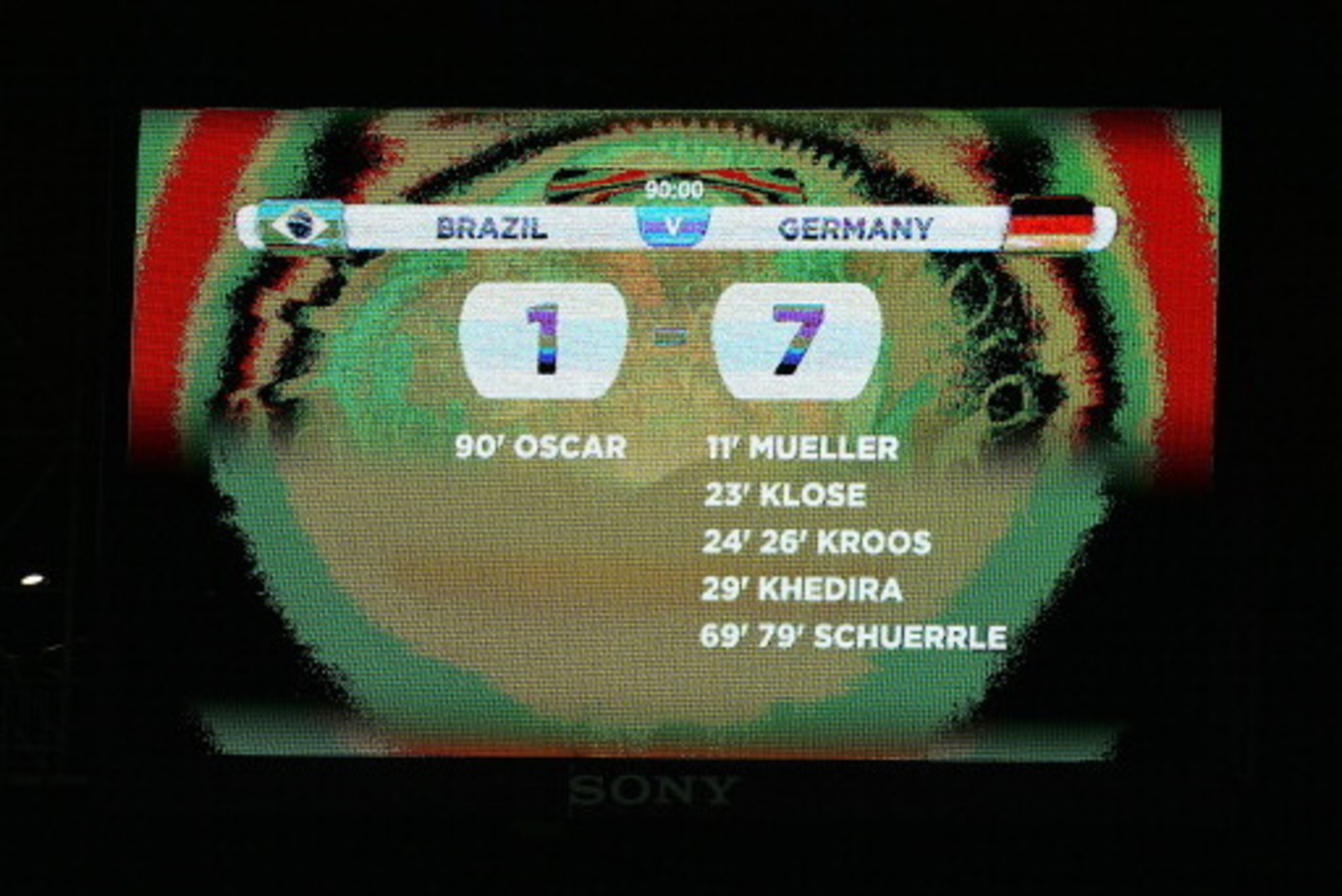 BELO HORIZONTE, BRAZIL - JULY 08: A view of the scoreboard showing Germany's victory with a final score of 7-1 during the 2014 FIFA World Cup Brazil Semi Final match between Brazil and Germany at Estadio Mineirao on July 8, 2014 in Belo Horizonte, Brazil.