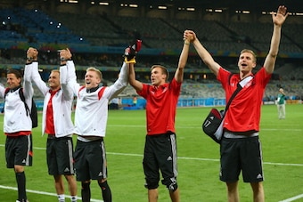 BELO HORIZONTE, BRAZIL - JULY 08: (L-R) Roman Weidenfeller, Benedikt Hoewedes, Andre Schuerrle, Kevin Grosskreutz and Per Mertesacker of Germany acknowledge the fans after defeating Brazil 7-1 during the 2014 FIFA World Cup Brazil Semi Final match between BELO HORIZONTE, BRAZIL - JULY 08: (L-R) Roman Weidenfeller, Benedikt Hoewedes, Andre Schuerrle, Kevin Grosskreutz and Per Mertesacker of Germany acknowledge the fans after defeating Brazil 7-1 during the 2014 FIFA World Cup Brazil Semi Final match between