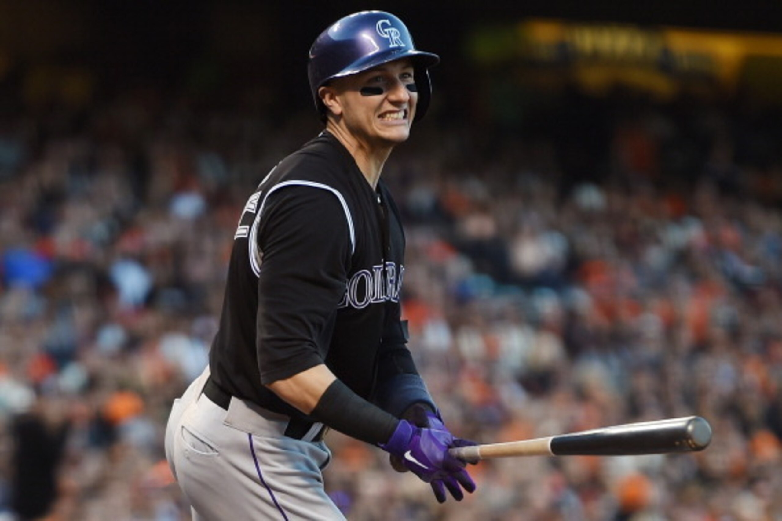 SAN FRANCISCO, CA - JUNE 13:  Troy Tulowitzki #2 of the Colorado Rockies reacts after popping up to third base with the bases loaded against the San Francisco Giants in the top of the third inning at AT&T Park on June 13, 2014 in San Francisco, California
