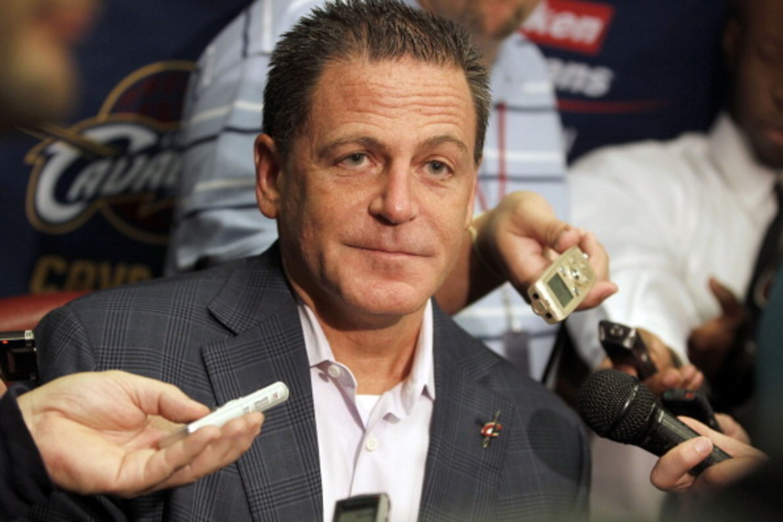 CLEVELAND - OCTOBER 27:  Majority owner Dan Gilbert of the Cleveland Cavaliers talks to the media prior to playing the Boston Celtics in the Cavaliers 2010 home opner at Quicken Loans Arena on October 27, 2010 in Cleveland, Ohio.  NOTE TO USER: User expre
