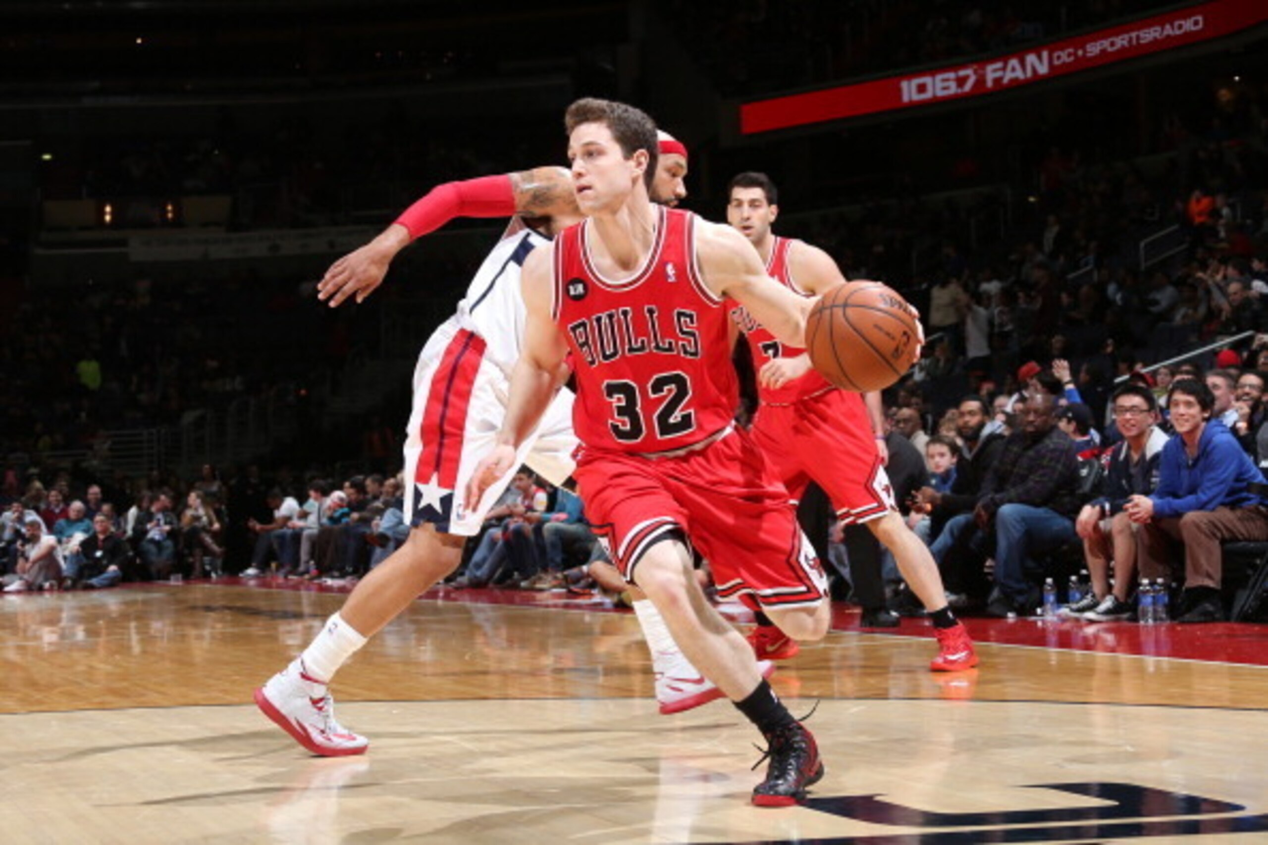 WASHINGTON, DC - APRIL 5: Jimmer Fredette #32 of the Chicago Bulls drives against the Washington Wizards at the Verizon Center on April 5, 2014 in Washington, DC. NOTE TO USER: User expressly acknowledges and agrees that, by downloading and or using this 