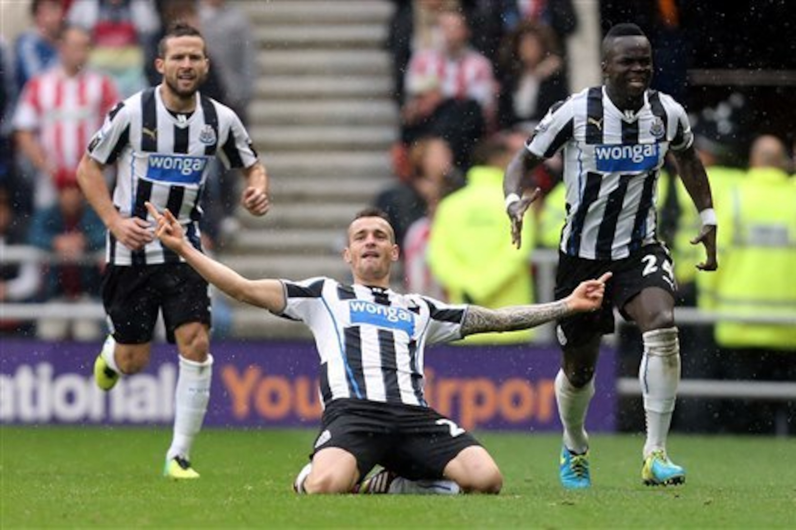 Debuchy celebrates scoring for Newcastle last season.