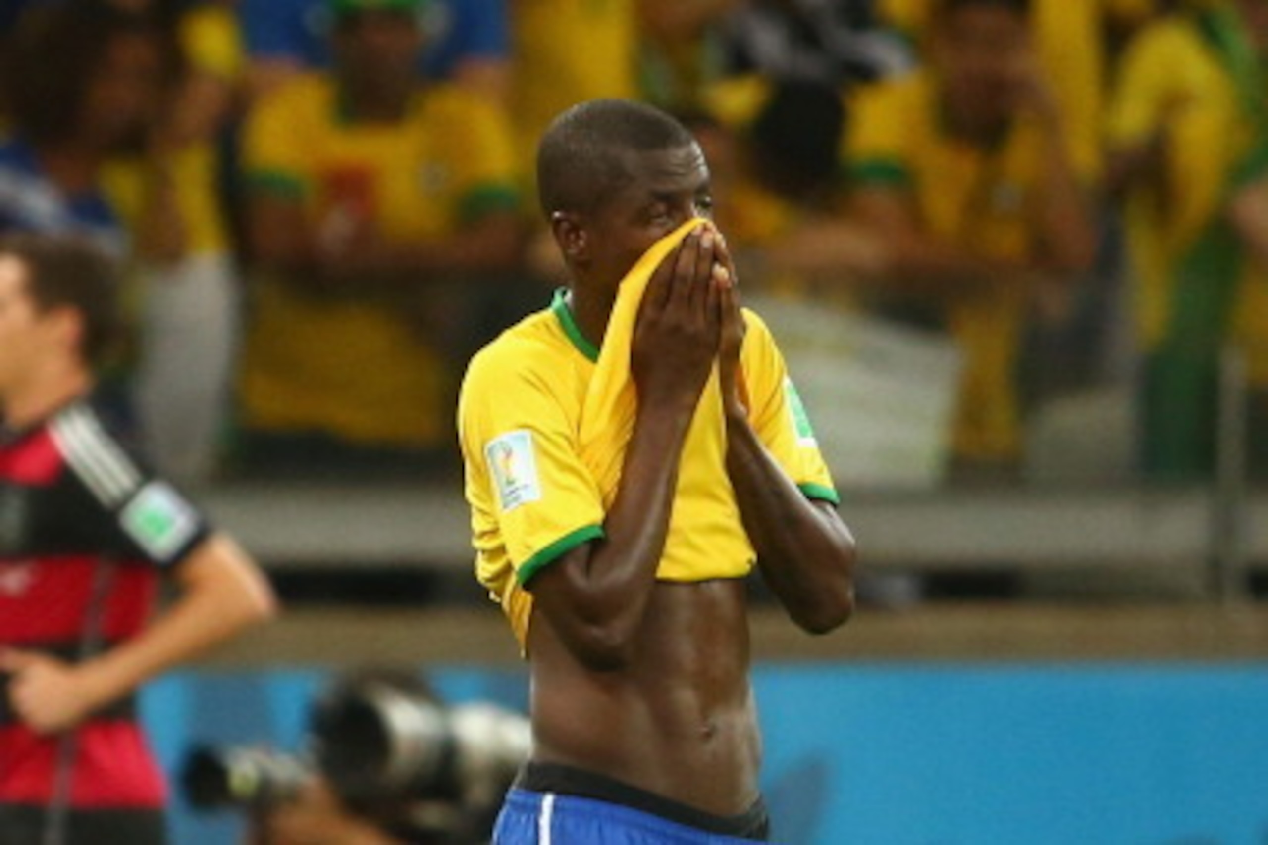BELO HORIZONTE, BRAZIL - JULY 08:  Ramires of Brazil reacts after allowing a goal during the 2014 FIFA World Cup Brazil Semi Final match between Brazil and Germany at Estadio Mineirao on July 8, 2014 in Belo Horizonte, Brazil.  (Photo by Robert Cianflone/