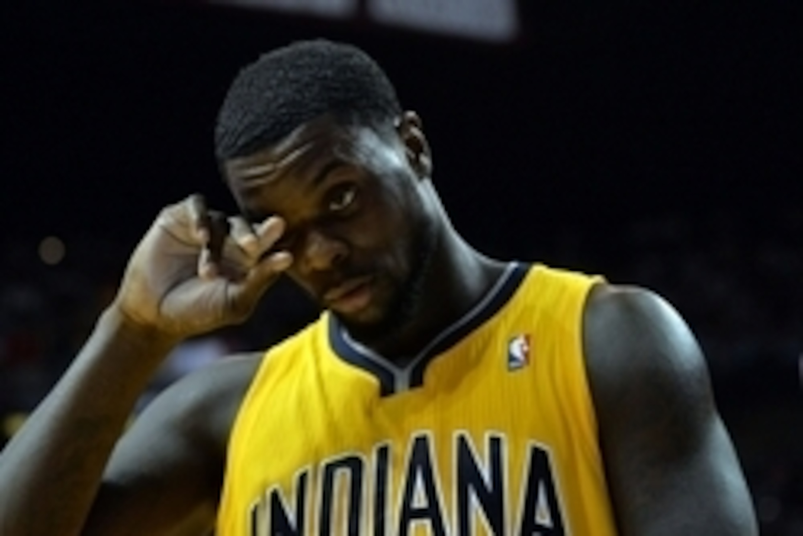 May 30, 2014; Miami, FL, USA; Indiana Pacers guard Lance Stephenson (1) wipes his face during a game against the Miami Heat in game six of the Eastern Conference Finals of the 2014 NBA Playoffs at American Airlines Arena. Mandatory Credit: Steve Mitchell-