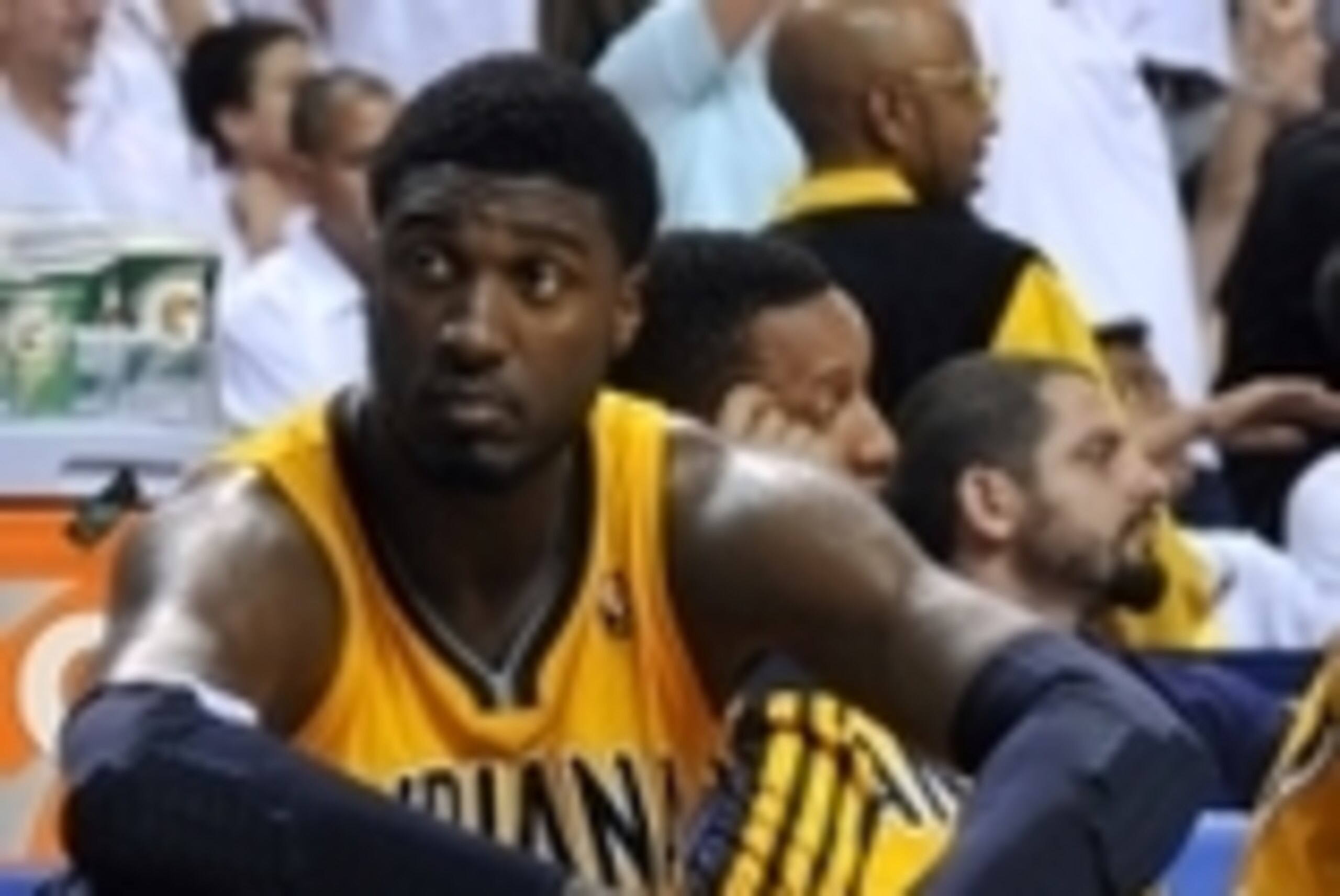 May 30, 2014; Miami, FL, USA;Indiana Pacers center Roy Hibbert (55) looks on from the bench during a game against the Miami Heat  in game six of the Eastern Conference Finals of the 2014 NBA Playoffs at American Airlines Arena. Mandatory Credit: Steve Mit