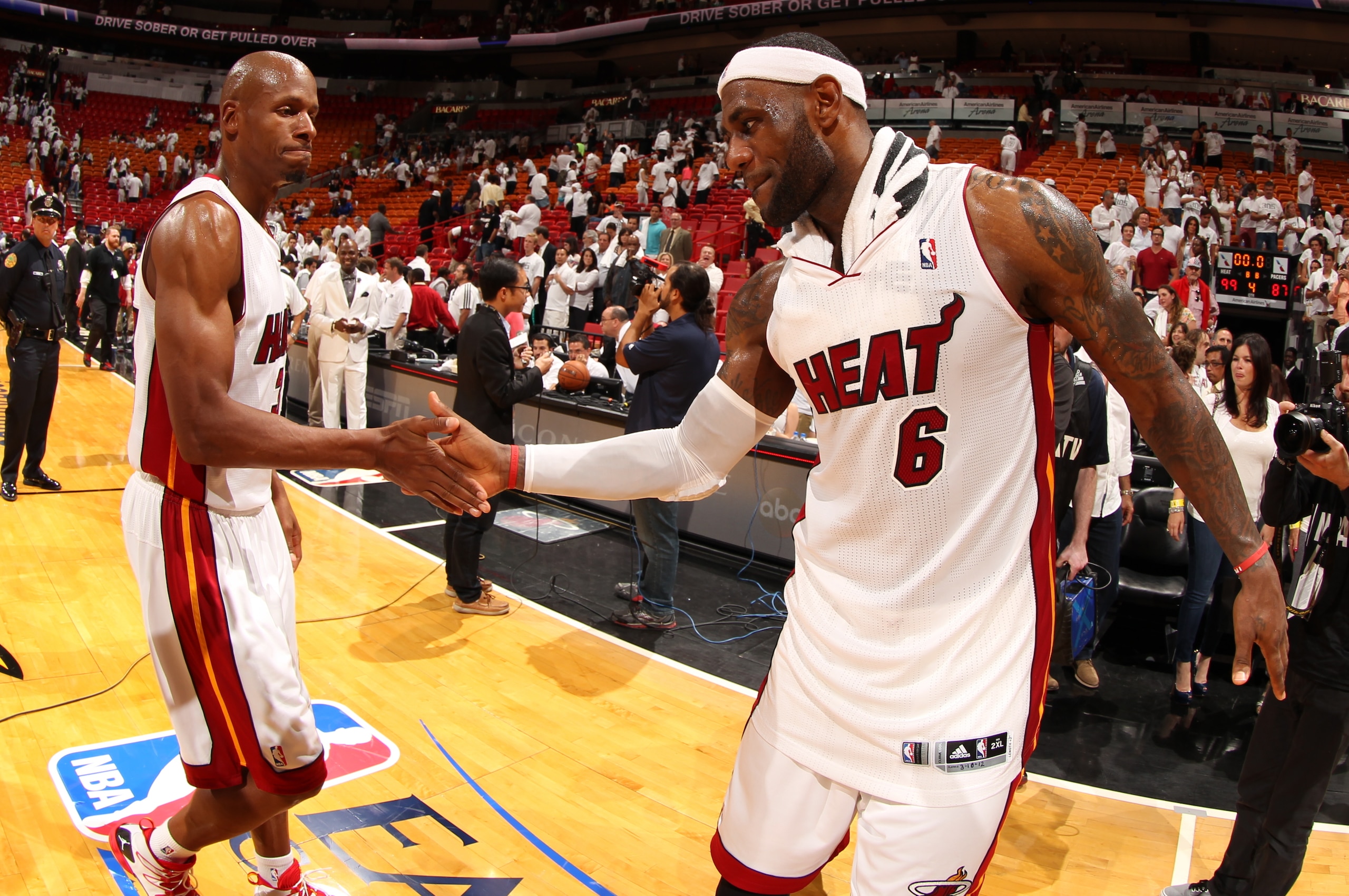 MIAMI, FL - May 24: Ray Allen #34 and LeBron James #6 of the Miami Heatcelebrate after the game against the Indiana Pacers in Game Three of the Eastern Conference Finals during the 2014 NBA playoffs at the American Airlines Arena in Miami, Florida on May