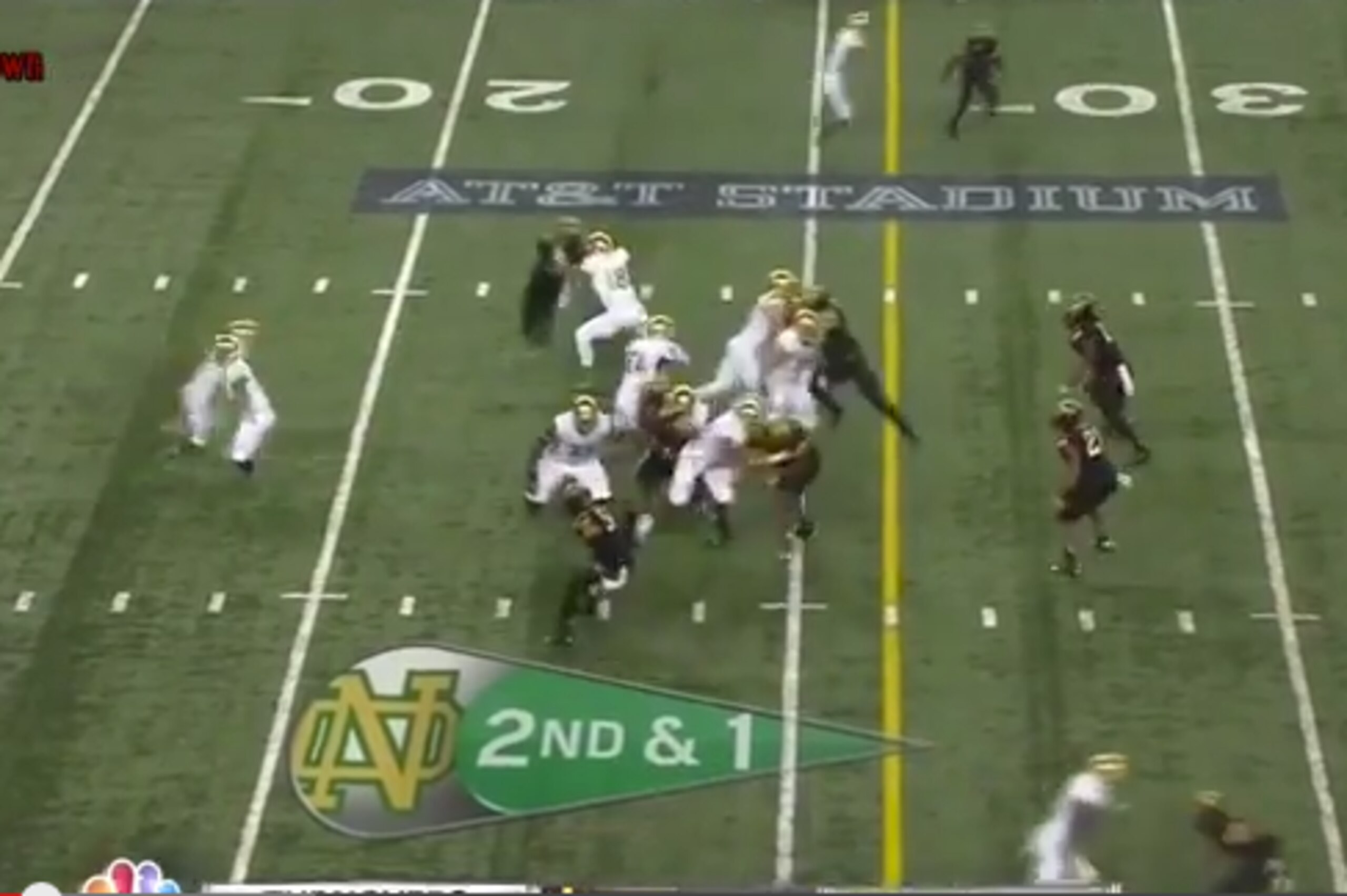 Koyack is able to clear out the strong-side OLB, driving him up field and in return opening a gap for Atkinson to attack on his way to a first down.
