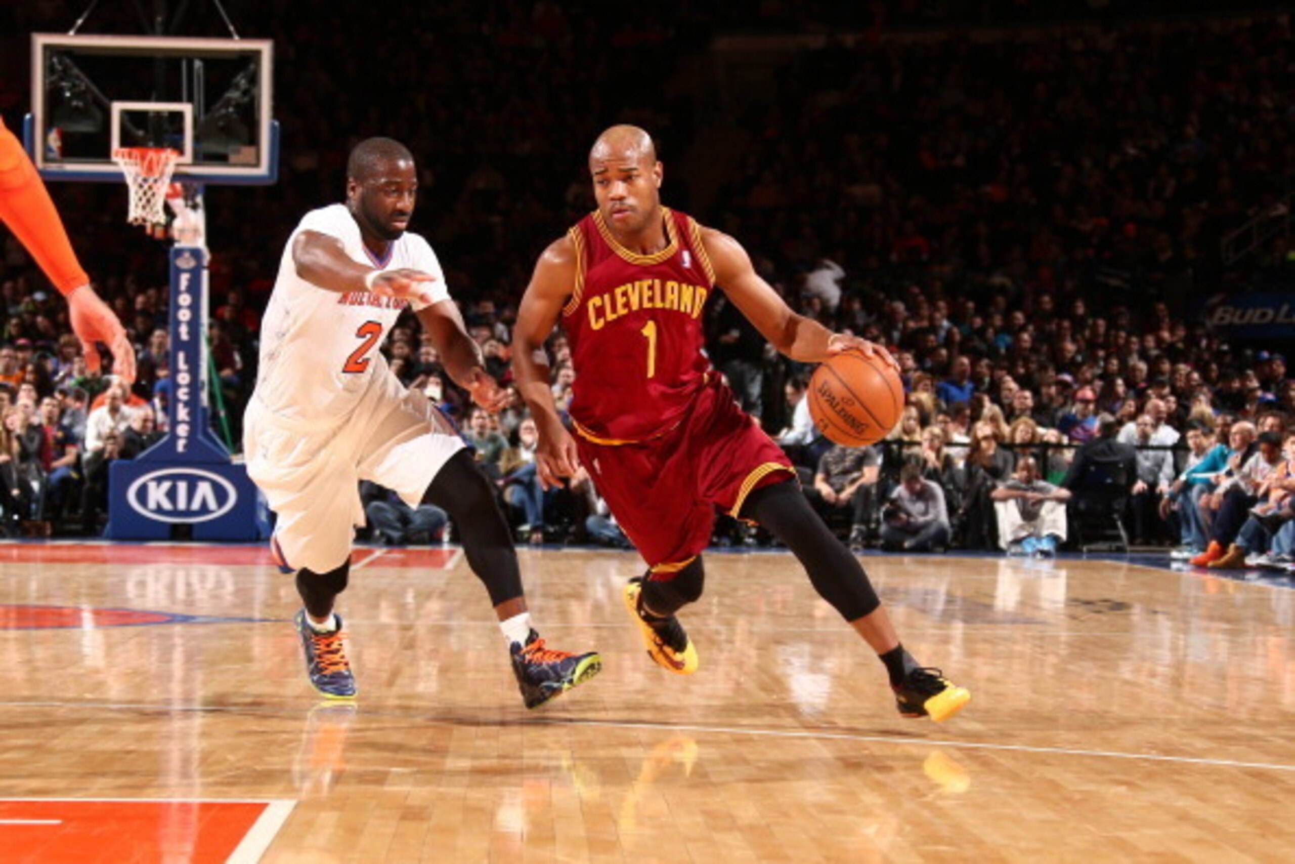 NEW YORK, NY - MARCH 23: Jarrett Jack #1 of the Cleveland Cavaliers drives against the New York Knicks at Madison Square Garden in New York City. NOTE TO USER: User expressly acknowledges and agrees that, by downloading and or using this photograph, User 