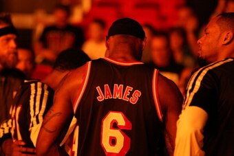 MIAMI, FL - JANUARY 26: LeBron James #6 of the Miami Heat looks on against the San Antonio Spurs at the American Airlines Arena in Miami, Florida on Jan. 26, 2014. NOTE TO USER: User expressly acknowledges and agrees that, by downloading and/or using this