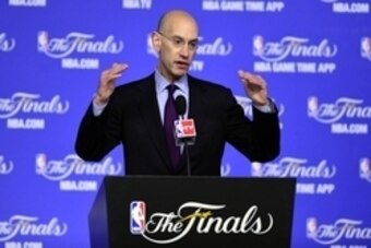 Jun 8, 2014; San Antonio, TX, USA; NBA commissioner Adam Silver speaks during press conference before game two of the 2014 NBA Finals between the San Antonio Spurs and the Miami Heat at the AT&T Center. Mandatory Credit: Bob Donnan-USA TODAY Sports