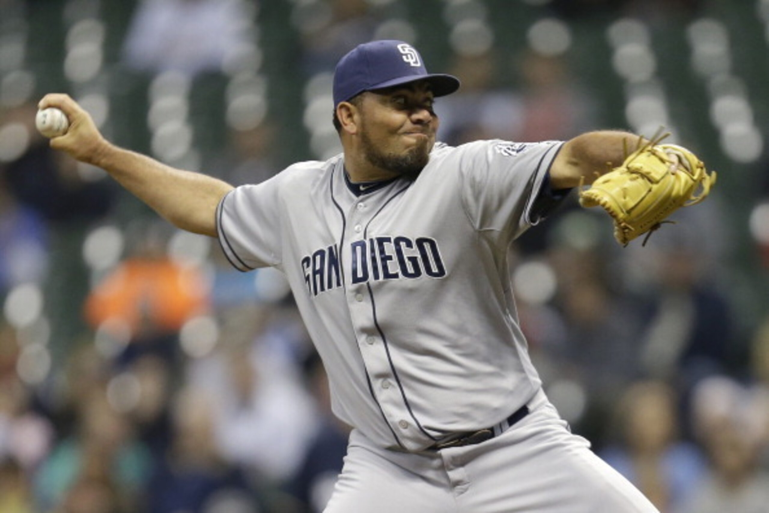 MILWAUKEE, WI - APRIL 22: Joaquin Benoit #56 of the San Diego Padres pitches during the bottom of the eighth inning against the Milwaukee Brewers at Miller Park on April 22, 2014 in Milwaukee, Wisconsin. (Photo by Mike McGinnis/Getty Images)