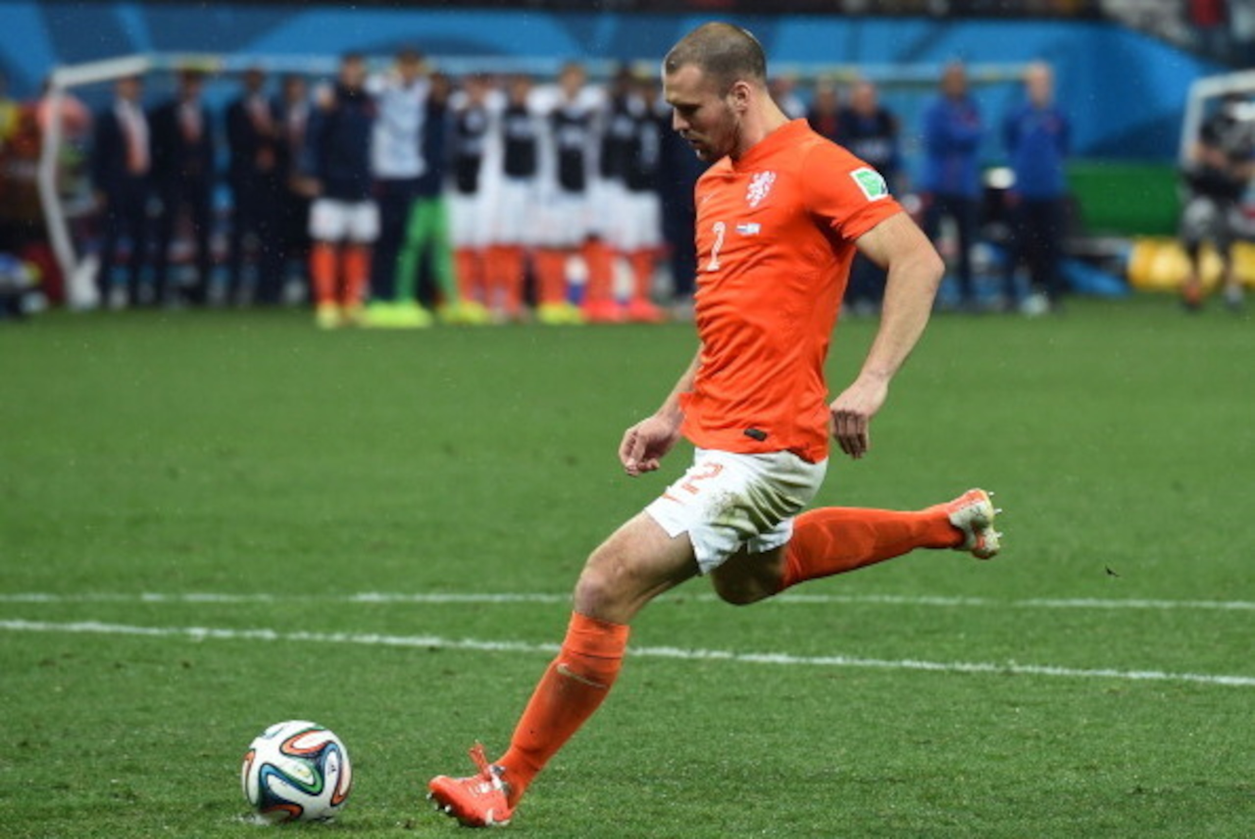 SAO PAULO, BRAZIL - JULY 09: Ron Vlaar of the Netherlands shoots and has his penalty shot saved in a shootout during the 2014 FIFA World Cup Brazil Semi Final match between the Netherlands and Argentina at Arena de Sao Paulo on July 9, 2014 in Sao Paulo, 
