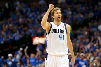 DALLAS, TX - MAY 02:  Dirk Nowitzki #41 of the Dallas Mavericks reacts against the San Antonio Spurs in Game Six of the Western Conference Quarterfinals during the 2014 NBA Playoffs at American Airlines Center on May 2, 2014 in Dallas, Texas. NOTE TO USER