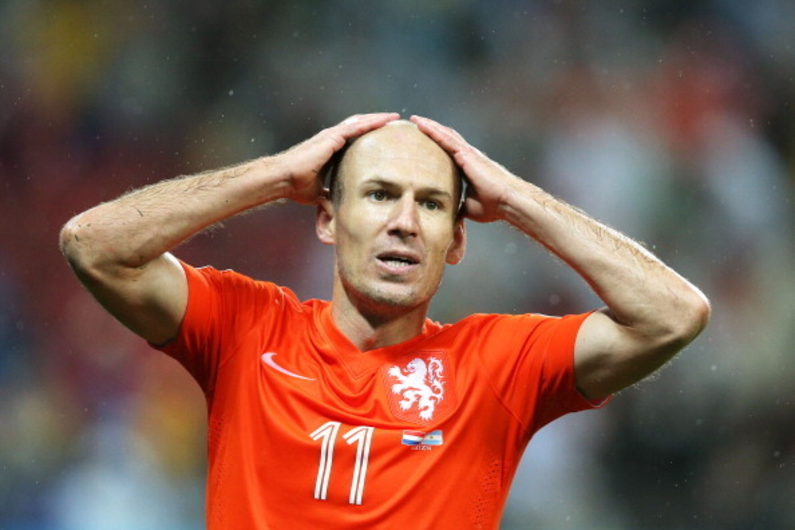 SAO PAULO, BRAZIL - JULY 09: Arjen Robben of the Netherlands reacts after a missed chance during the 2014 FIFA World Cup Brazil Semi Final match between the Netherlands and Argentina at Arena de Sao Paulo on July 9, 2014 in Sao Paulo, Brazil.  (Photo by D