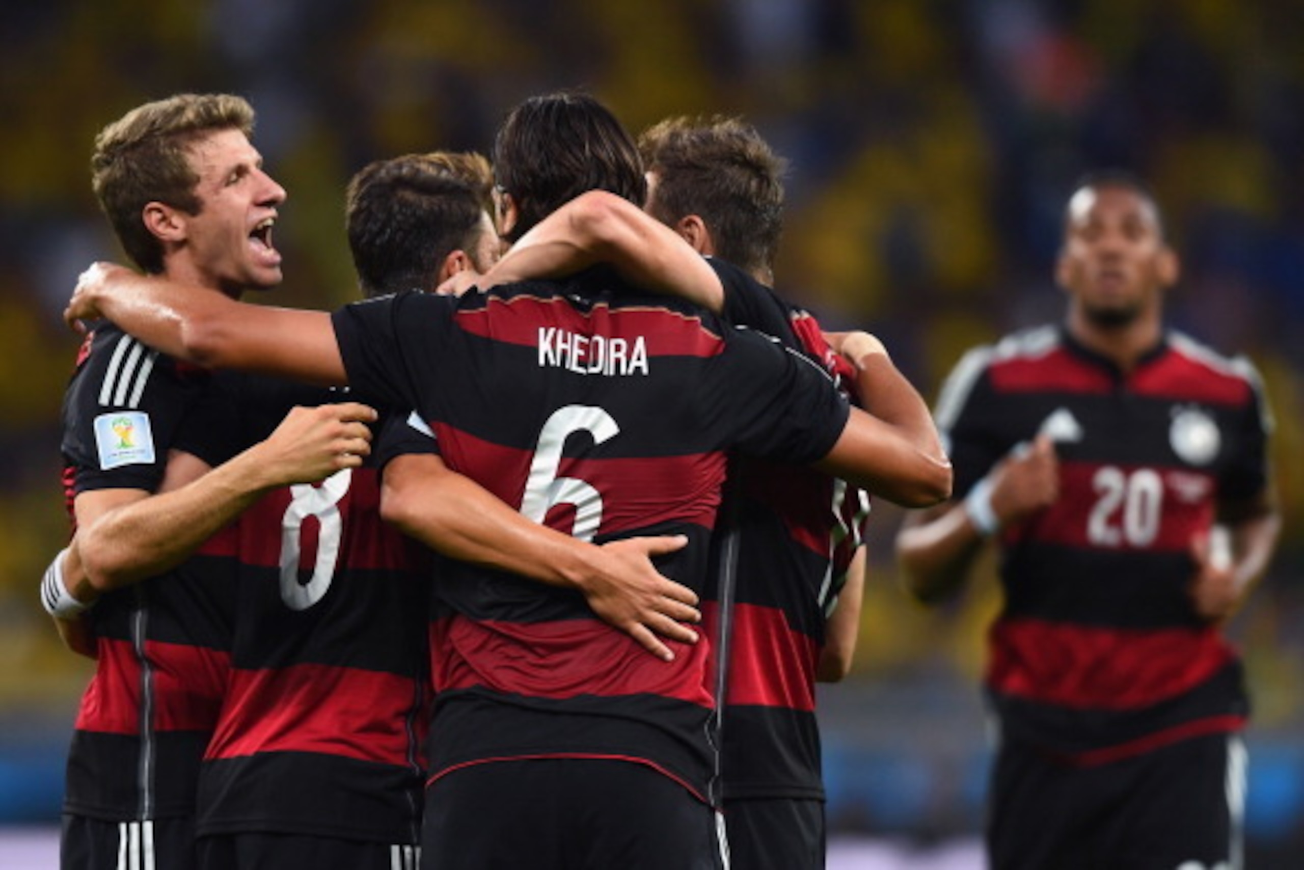 BELO HORIZONTE, BRAZIL - JULY 08:  Sami Khedira of Germany celebrates with his team-mates after scoring their fifth goal during the 2014 FIFA World Cup Brazil Semi Final match between Brazil and Germany at Estadio Mineirao on July 8, 2014 in Belo Horizont