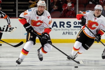 NEWARK, NJ - APRIL 07: Chris Butler #44 of the Calgary Flames skates against the New Jersey Devils at the Prudential Center on April 7, 2014 in Newark, New Jersey. The Flames shutout the Devils 1-0.  (Photo by Bruce Bennett/Getty Images)