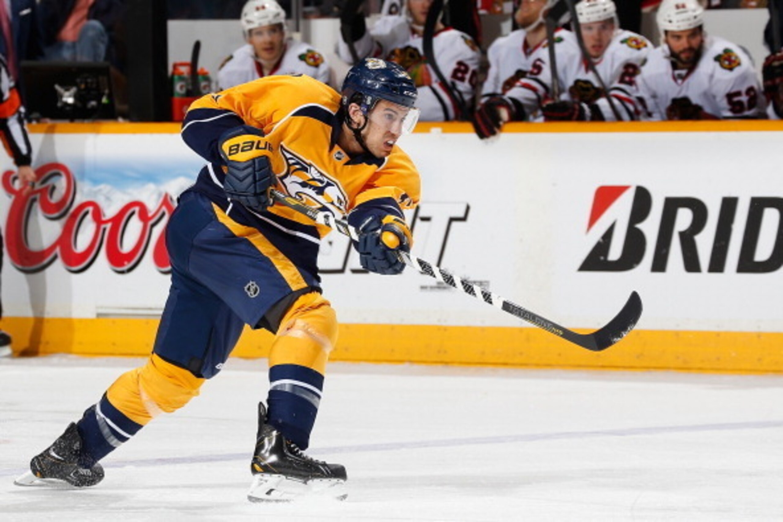 NASHVILLE, TN - APRIL 12: Michael Del Zotto #5 of the Nashville Predators takes a slapshot against the Chicago Blackhawks during an NHL game at Bridgestone Arena on April 12, 2014 in Nashville, Tennessee. (Photo by John Russell/NHLI via Getty Images)