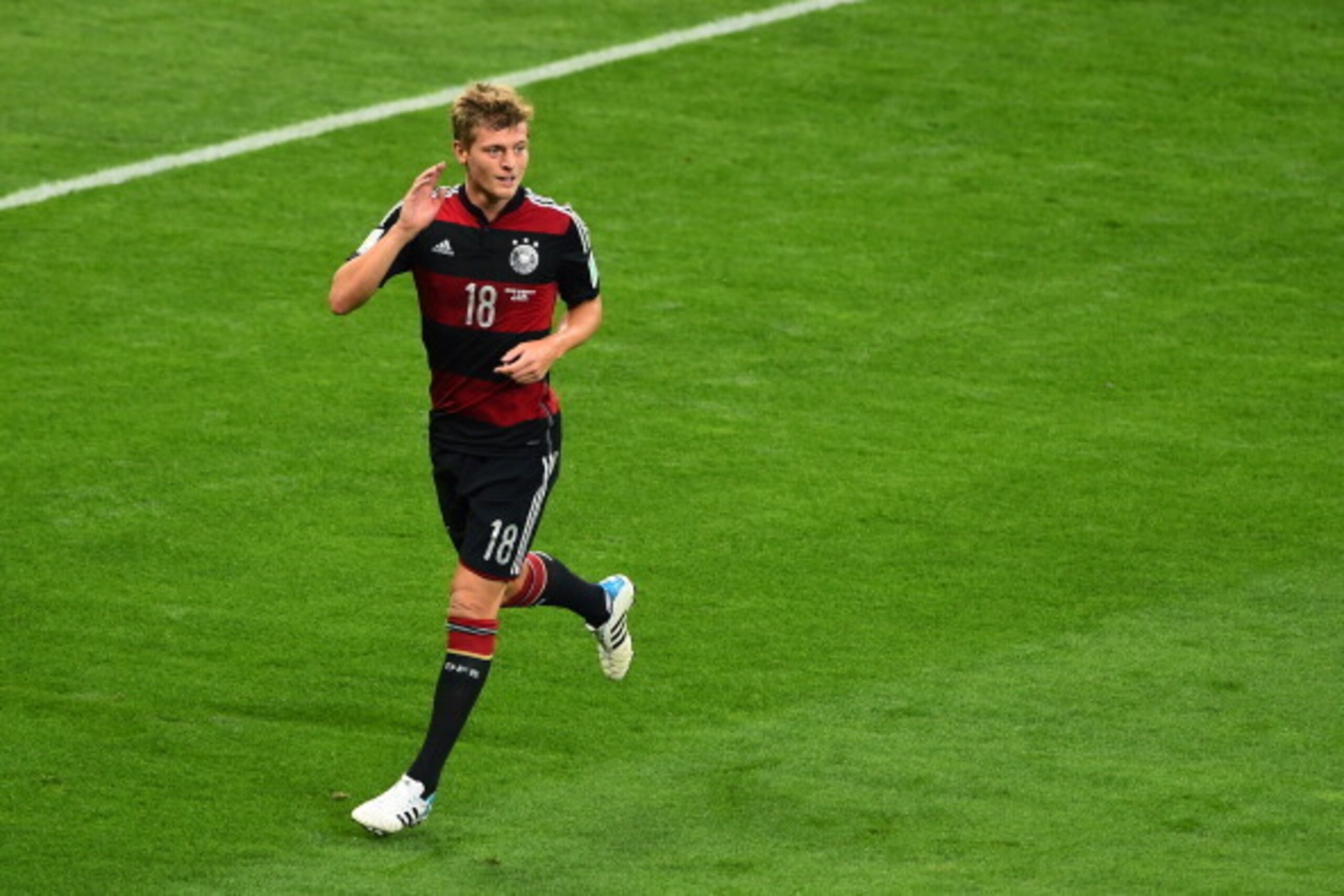 BELO HORIZONTE, BRAZIL - JULY 08:  Toni Kroos of Germany celebrates scoring his team's third goal during the 2014 FIFA World Cup Brazil Semi Final match between Brazil and Germany at Estadio Mineirao on July 8, 2014 in Belo Horizonte, Brazil.  (Photo by J