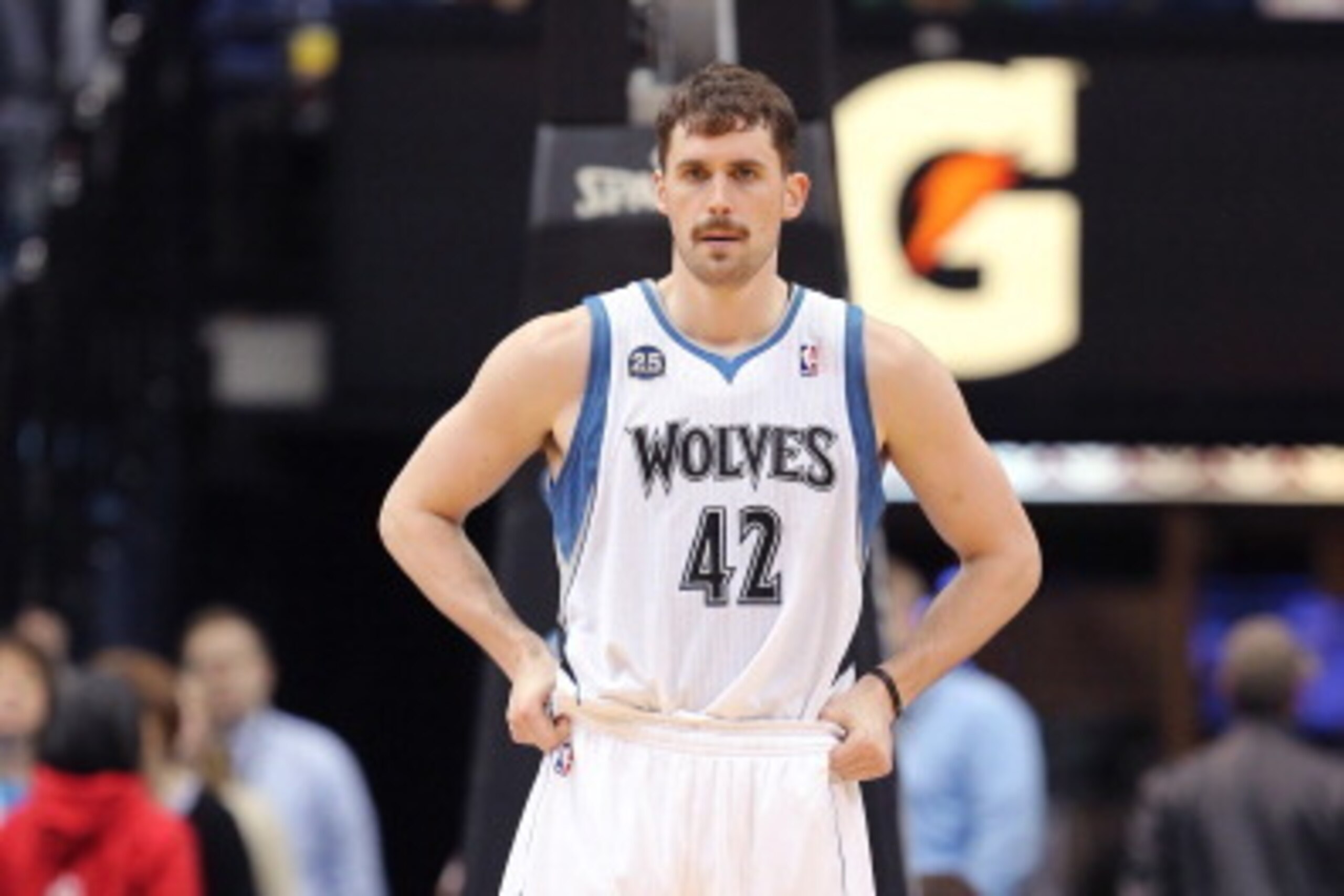 MINNEAPOLIS, MN - April 16:  Kevin Love #42 of the Minnesota Timberwolves stands on the court against the Utah Jazz on April 16, 2014 at Target Center in Minneapolis, Minnesota. NOTE TO USER: User expressly acknowledges and agrees that, by downloading and