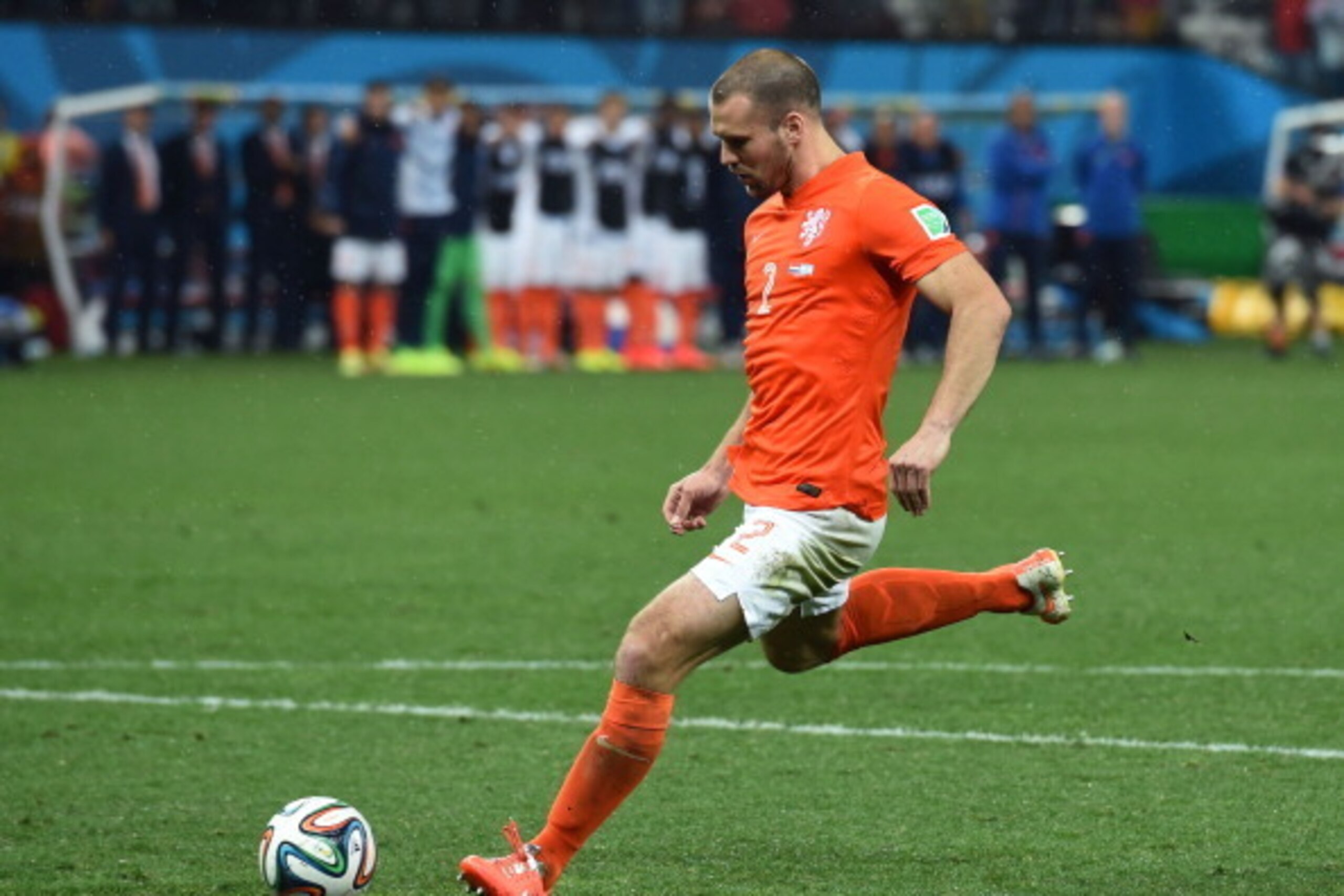 SAO PAULO, BRAZIL - JULY 09: Ron Vlaar of the Netherlands shoots and has his penalty shot saved in a shootout during the 2014 FIFA World Cup Brazil Semi Final match between the Netherlands and Argentina at Arena de Sao Paulo on July 9, 2014 in Sao Paulo, 