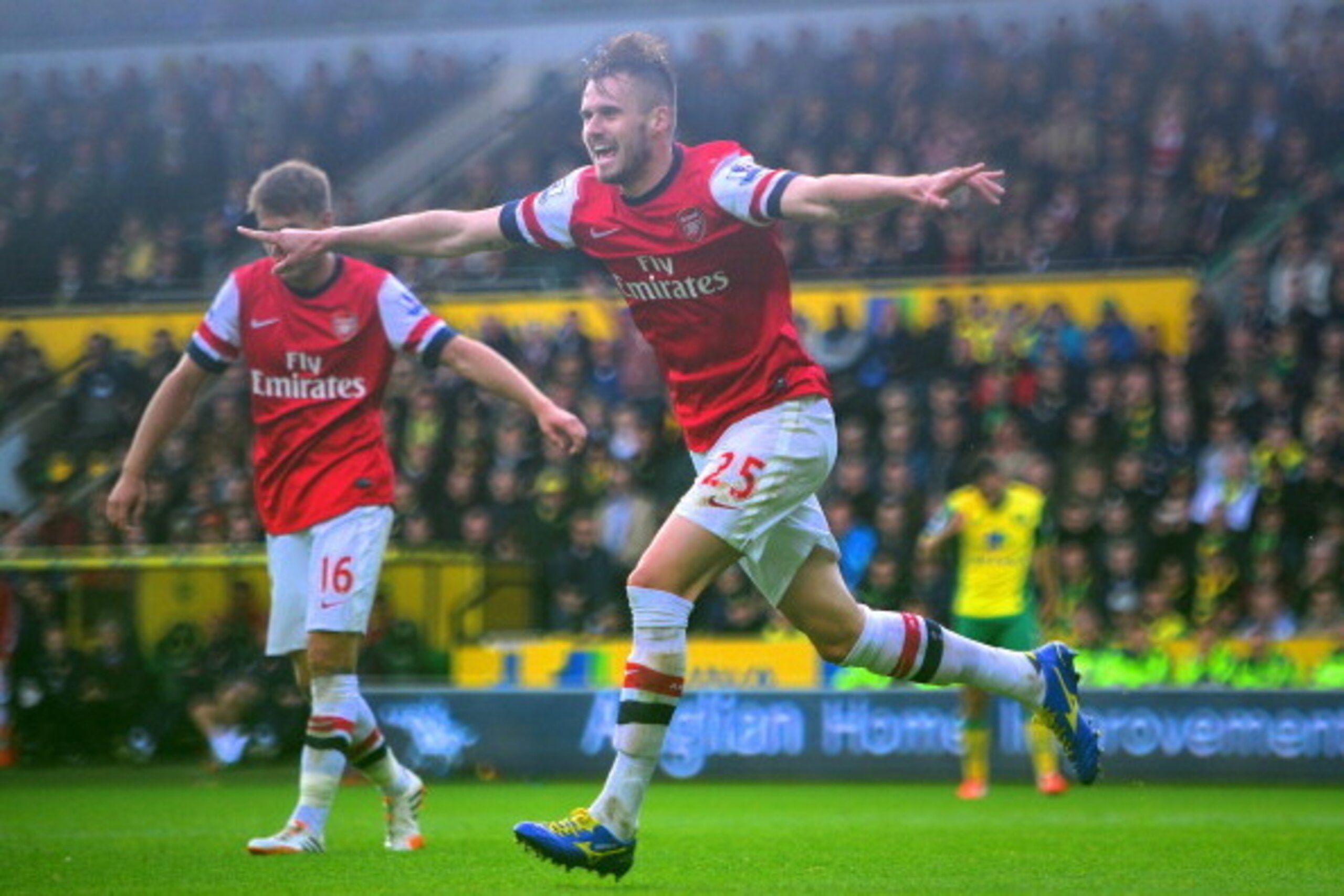NORWICH, ENGLAND - MAY 11: Carl Jenkinson of Arsenal celebrates scoring the second goal during the Barclays Premier League match between Norwich City and Arsenal at Carrow Road on May 11, 2014 in Norwich, England. (Photo by Jamie McDonald/Getty Images) NORWICH, ENGLAND - MAY 11: Carl Jenkinson of Arsenal celebrates scoring the second goal during the Barclays Premier League match between Norwich City and Arsenal at Carrow Road on May 11, 2014 in Norwich, England. (Photo by Jamie McDonald/Getty Images)