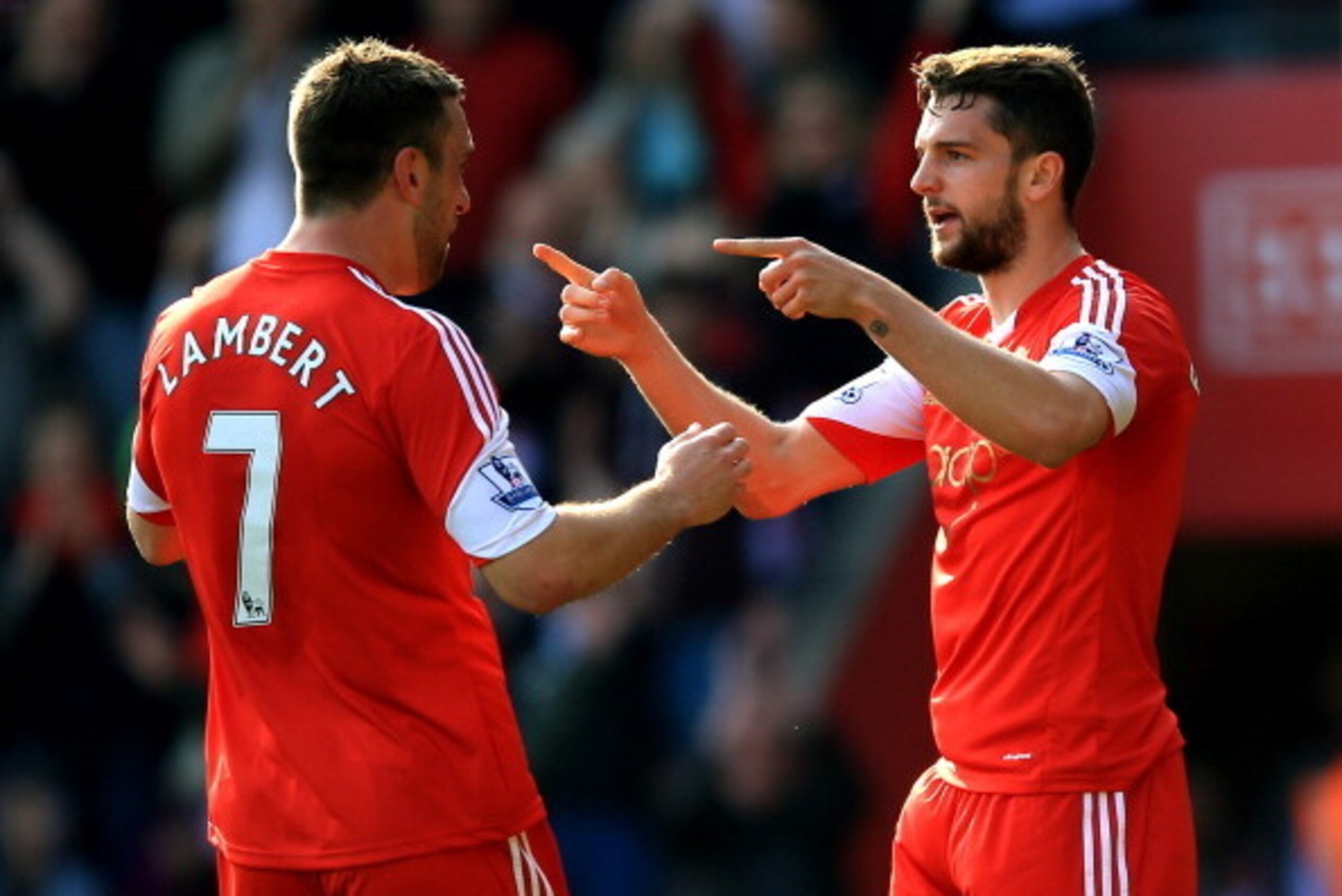 SOUTHAMPTON, ENGLAND - MARCH 29: Jay Rodriguez (R) of Southampton celebrates with teammate Rickie Lambert after scoring the opening goal during the Barclays Premier League match between Southampton and Newcastle United at St Mary's Stadium on March 29, 2 SOUTHAMPTON, ENGLAND - MARCH 29: Jay Rodriguez (R) of Southampton celebrates with teammate Rickie Lambert after scoring the opening goal during the Barclays Premier League match between Southampton and Newcastle United at St Mary's Stadium on March 29, 2