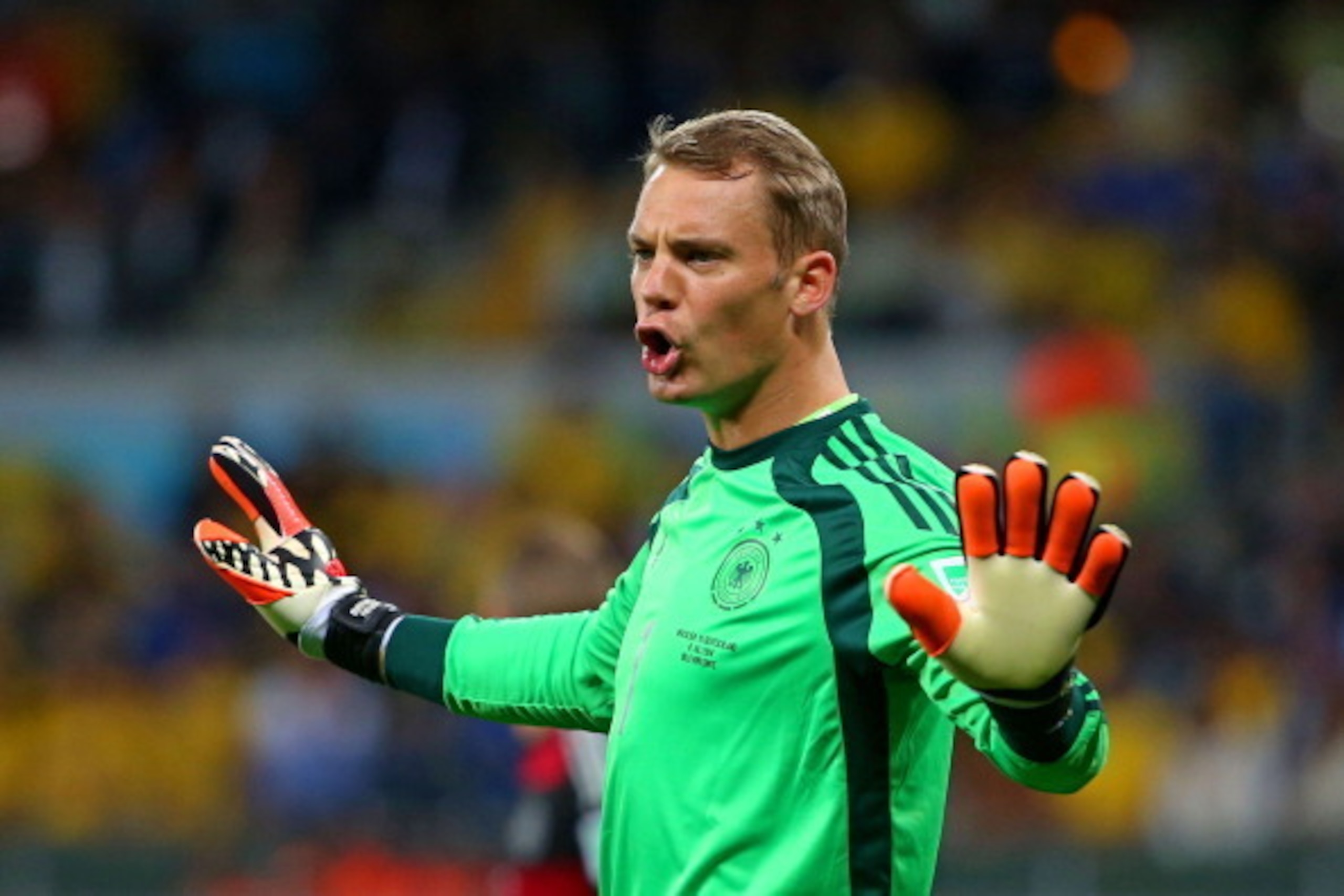 BELO HORIZONTE, BRAZIL - JULY 08:  Goalkeeper Manuel Neuer of Germany gestures during the 2014 FIFA World Cup Brazil Semi Final match between Brazil and Germany at Estadio Mineirao on July 8, 2014 in Belo Horizonte, Brazil.  (Photo by Robert Cianflone/Get