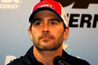 Jimmie Johnson waits for a media question at Daytona International Speedway.
