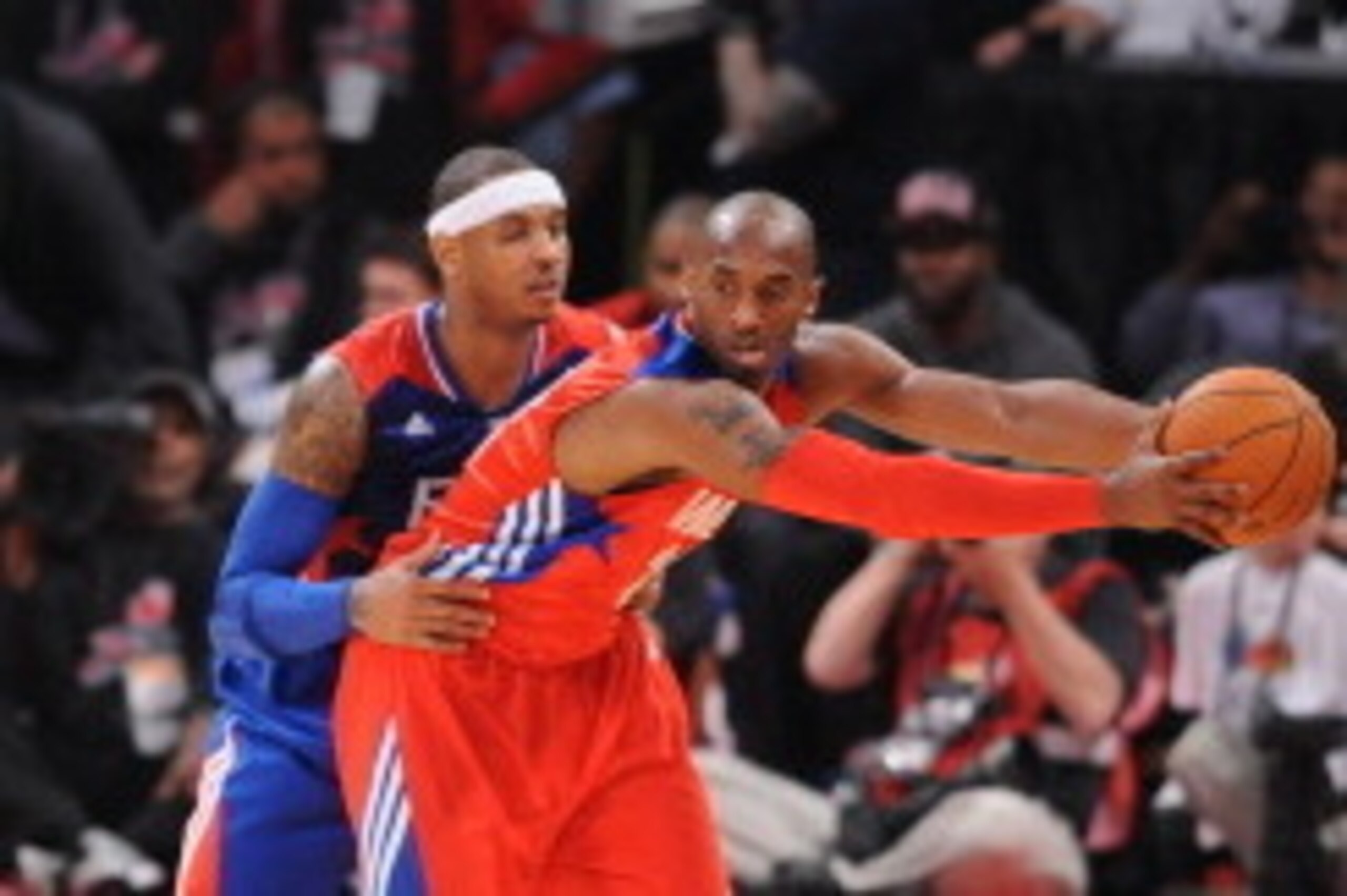 HOUSTON, TX - FEBRUARY 17: Carmelo Anthony #7 of the Eastern Conference All-Stars attempts to steal the ball from Kobe Bryant #24 of the Western Conference All-Stars during the 2013 NBA All-Star Game presented by Kia on February 17, 2013 at the Toyota Cen HOUSTON, TX - FEBRUARY 17: Carmelo Anthony #7 of the Eastern Conference All-Stars attempts to steal the ball from Kobe Bryant #24 of the Western Conference All-Stars during the 2013 NBA All-Star Game presented by Kia on February 17, 2013 at the Toyota Cen