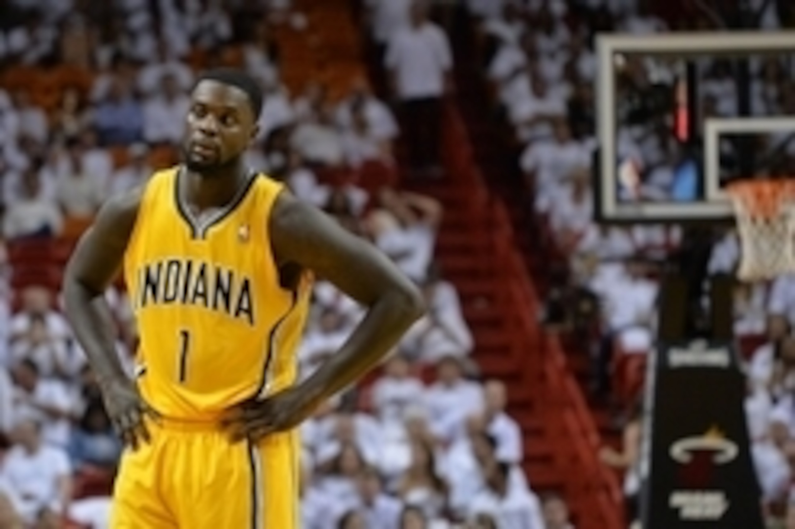 May 30, 2014; Miami, FL, USA; Indiana Pacers guard Lance Stephenson (1) looks on in game six of the Eastern Conference Finals against the Miami Heat of the 2014 NBA Playoffs at American Airlines Arena. Mandatory Credit: Steve Mitchell-USA TODAY Sports