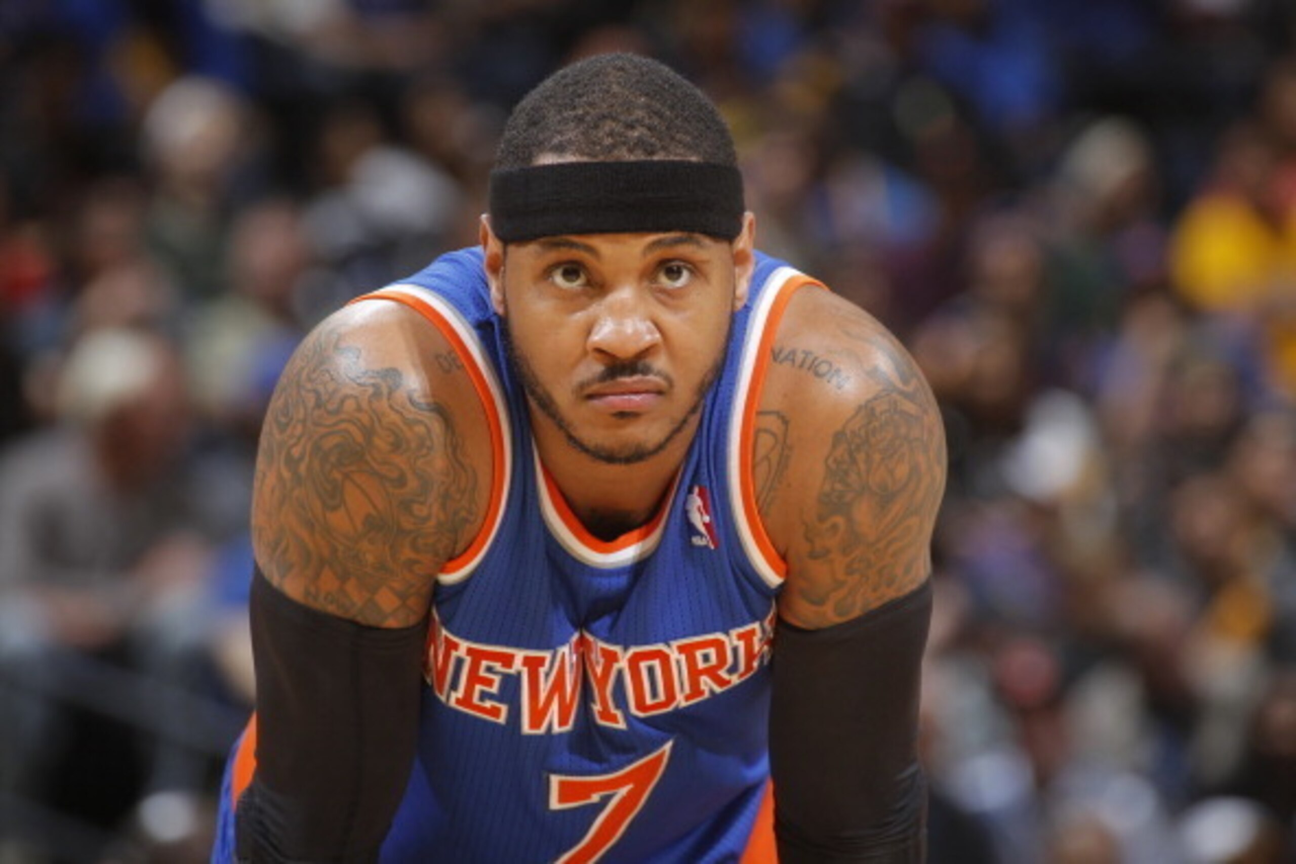 OAKLAND, CA - MARCH 30: Carmelo Anthony #7 of the New York Knicks in a game against the Golden State Warriors on March 30, 2014 at Oracle Arena in Oakland, California. NOTE TO USER: User expressly acknowledges and agrees that, by downloading and or using 
