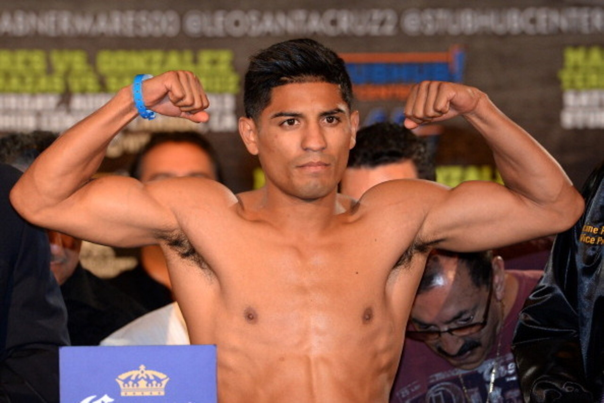 LOS ANGELES, CA - AUGUST 23:  Abner Mares poses as he stands onthe scale before his fight against Jhonny Gonzalez during the weigh in at the Millennium Biltmore Hotel on August 23, 2013 in Los Angeles, California.  (Photo by Harry How/Getty Images)