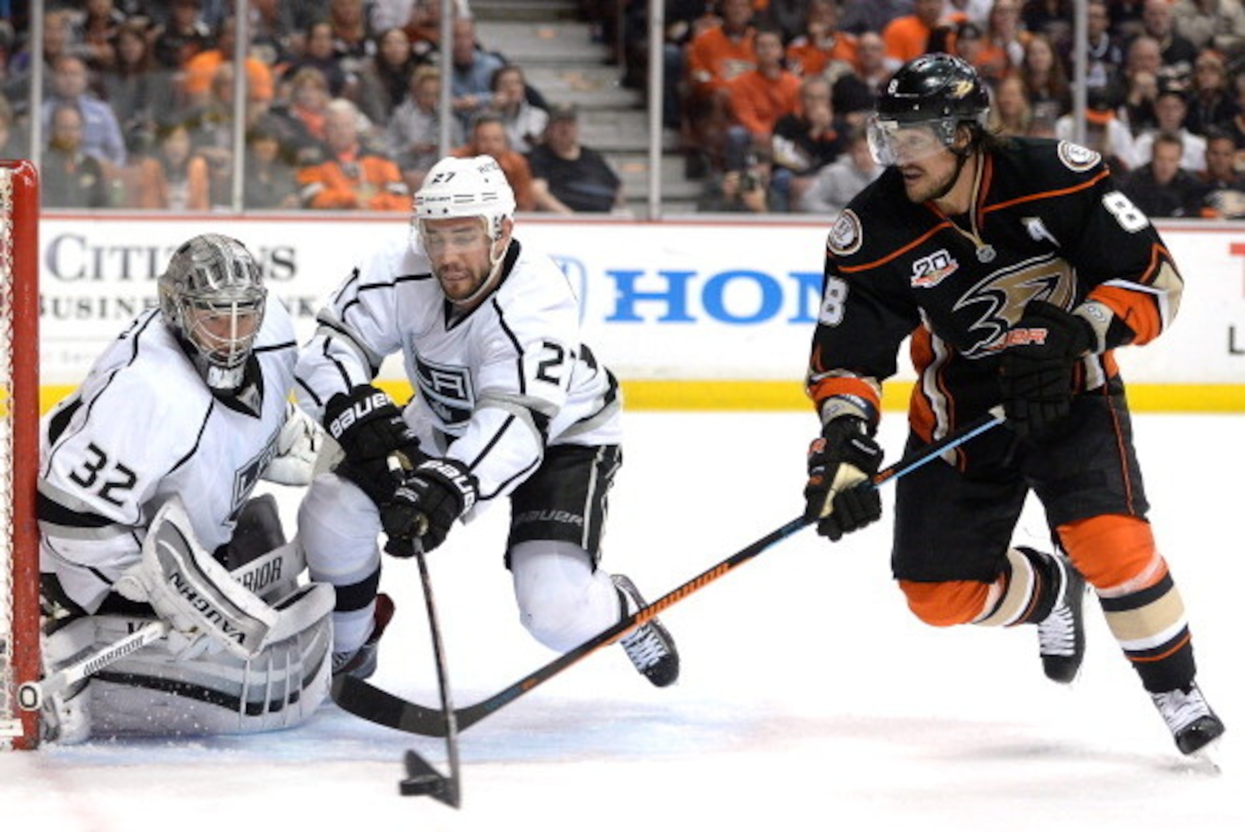 ANAHEIM, CA - MAY 05: Teemu Selanne #8 of the Anaheim Ducks goes after a rebound in front of Jonathan Quick #32 and Alec Martinez #27 of the Los Angeles Kings during the third period in Game Two of the Second Round of the 2014 NHL Stanley Cup Playoffs at 