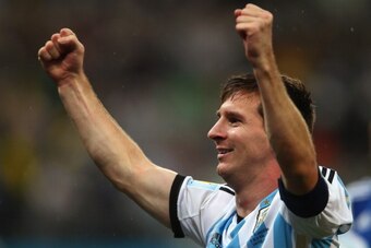 SAO PAULO, BRAZIL - JULY 09:  Lionel Messi of Argentina celebrates defeating the Netherlands in a shootout during the 2014 FIFA World Cup Brazil Semi Final match between the Netherlands and Argentina at Arena de Sao Paulo on July 9, 2014 in Sao Paulo, Bra