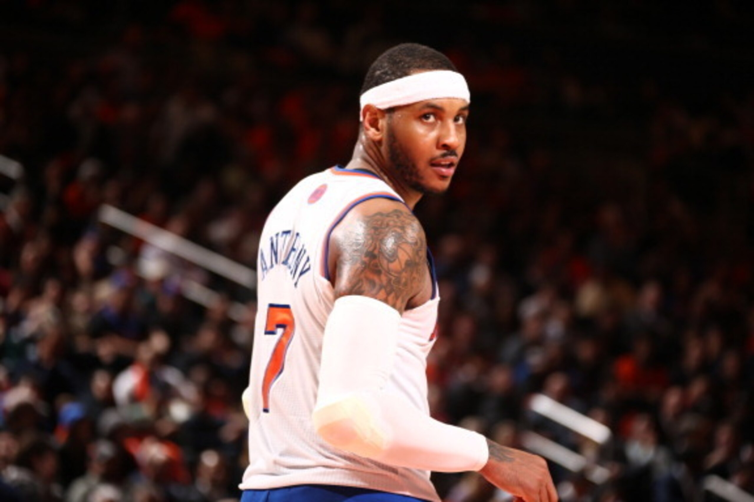 NEW YORK, NY - APRIL 02: Carmelo Anthony #7 of the New York Knicks during a game against the Brooklyn Nets at Madison Square Garden in New York City on April 02, 2014.  NOTE TO USER: User expressly acknowledges and agrees that, by downloading and or using