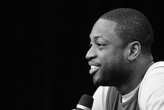 SAN ANTONIO, TX - JUNE 14: ***Shot in Black and White*** Dwyane Wade #3 of the Miami Heat speaks to the media during practice and media availability as part of the 2014 NBA Finals on June 14, 2014 at the Spurs Practice Facility in San Antonio, Texas. NOTE