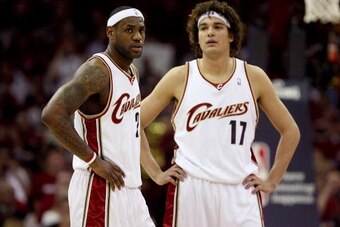 CLEVELAND - MAY 20: LeBron James #23 and Anderson Varejao #17 of the Cleveland Cavaliers look on against the Orlando Magic in Game One of the Eastern Conference Finals during the 2009 Playoffs at Quicken Loans Arena on May 20, 2009 in Cleveland, Ohio. NOT