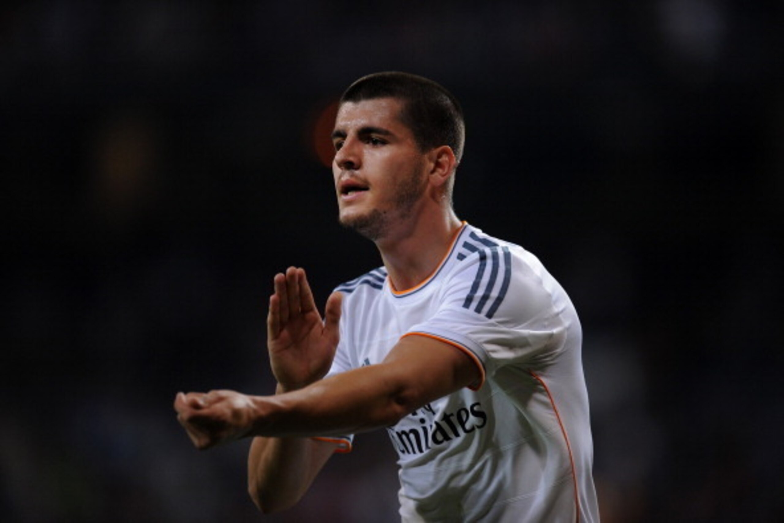 MADRID, SPAIN - APRIL 12:  Alvaro Morata of Real Madrid celebrates after scoring Real's 4th goal during the La Liga match between Real Madrid and Almeria at Santiago Bernabeu stadium on April 12, 2014 in Madrid, Spain.  (Photo by Denis Doyle/Getty Images)