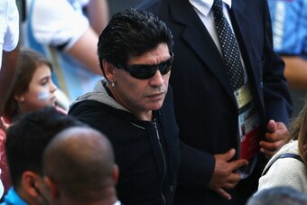 BELO HORIZONTE, BRAZIL - JUNE 21:  Diego Maradona looks on during the 2014 FIFA World Cup Brazil Group F match between Argentina and Iran at Estadio Mineirao on June 21, 2014 in Belo Horizonte, Brazil.  (Photo by Ian Walton/Getty Images)