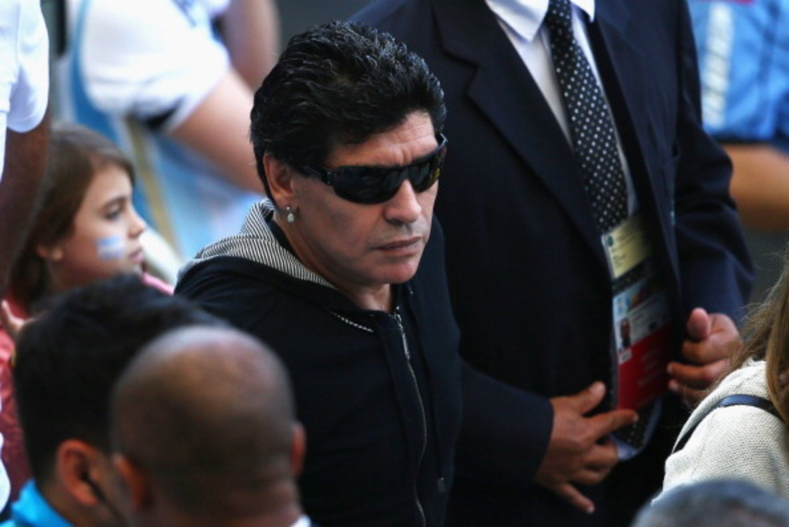 BELO HORIZONTE, BRAZIL - JUNE 21:  Diego Maradona looks on during the 2014 FIFA World Cup Brazil Group F match between Argentina and Iran at Estadio Mineirao on June 21, 2014 in Belo Horizonte, Brazil.  (Photo by Ian Walton/Getty Images)