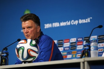 SAO PAULO, BRAZIL - JULY 08:  Head coach, Louis van Gaal speaks to the media during the Netherlands Press Conference at the 2014 FIFA World Cup Brazil held at the Arena de Sao Paulo on July 8, 2014 in Sao Paulo, Brazil.  (Photo by Dean Mouhtaropoulos/Gett