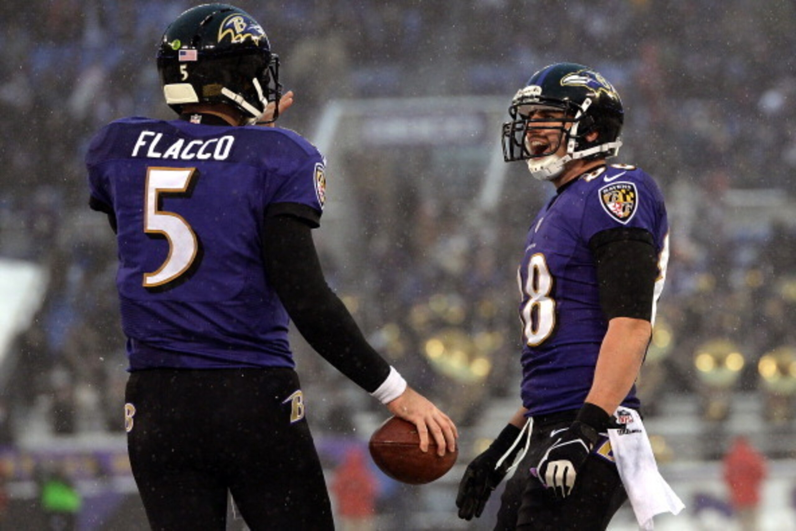 BALTIMORE, MD - DECEMBER 08: Tight end Dennis Pitta #88 of the Baltimore Ravens celebrates with teammate quarterback Joe Flacco #5 after scoring a touchdown in the fourth quarter against the Minnesota Vikings at M&T Bank Stadium on December 8, 2013 in Bal