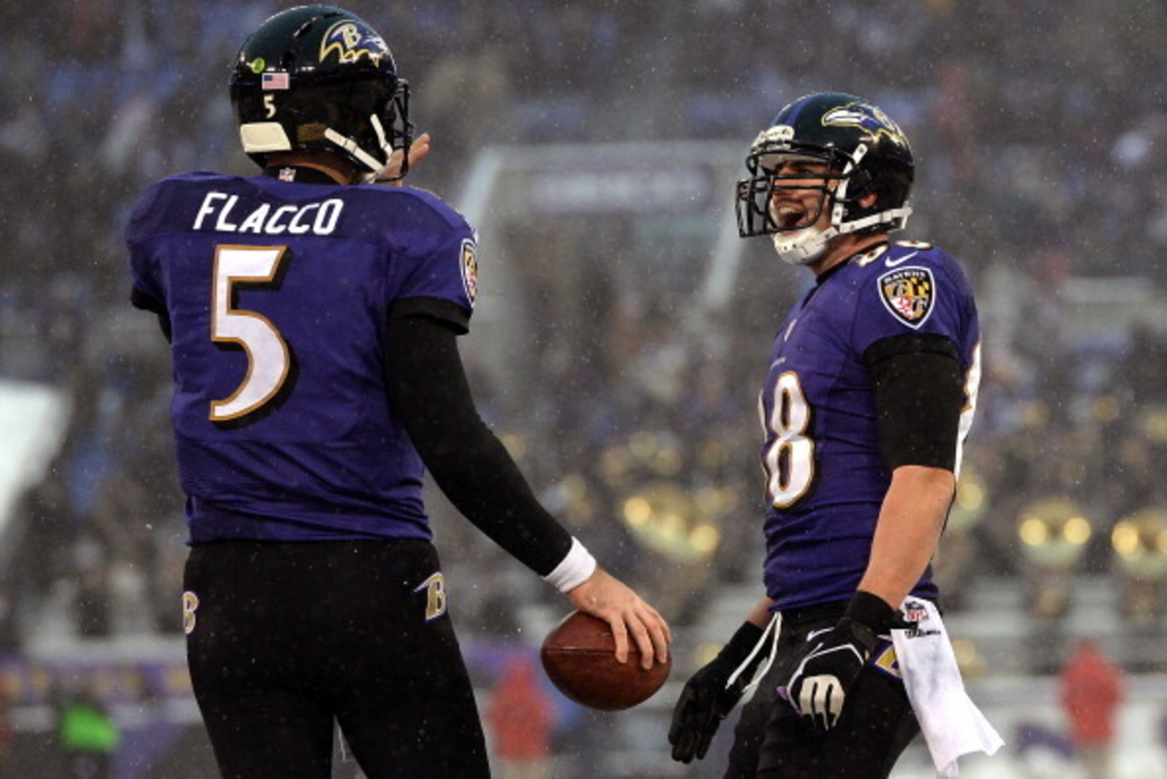 BALTIMORE, MD - DECEMBER 08: Tight end Dennis Pitta #88 of the Baltimore Ravens celebrates with teammate quarterback Joe Flacco #5 after scoring a touchdown in the fourth quarter against the Minnesota Vikings at M&T Bank Stadium on December 8, 2013 in Bal