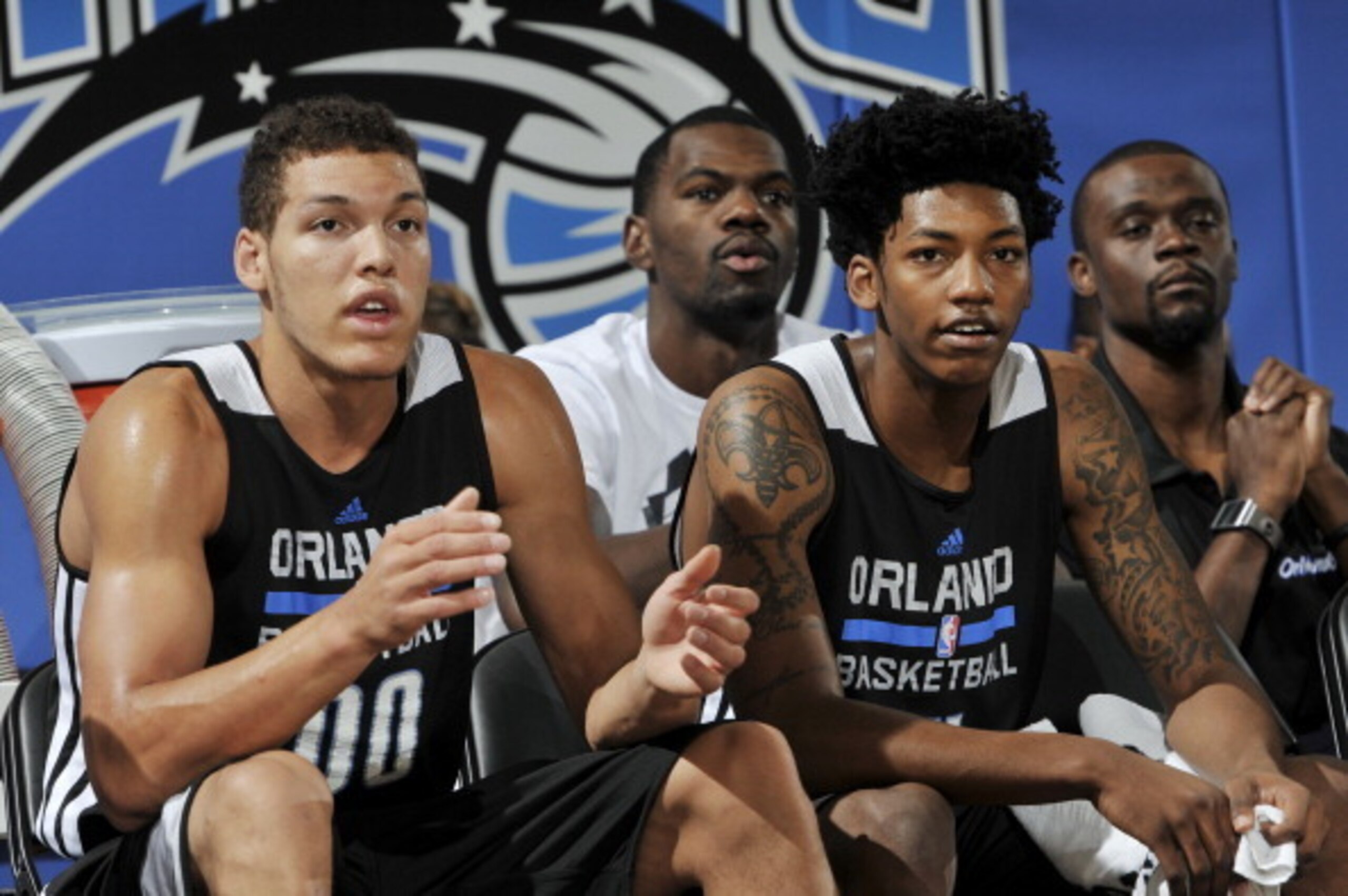 ORLANDO, FL - JULY 11: Aaron Gordon #00 and Elfrid Payton #4 of the Orlando Magic watch from the sideline during a game against the Detroit Pistons on July 11, 2014 at Amway Center in Orlando, Florida. NOTE TO USER: User expressly acknowledges and agrees ORLANDO, FL - JULY 11: Aaron Gordon #00 and Elfrid Payton #4 of the Orlando Magic watch from the sideline during a game against the Detroit Pistons on July 11, 2014 at Amway Center in Orlando, Florida. NOTE TO USER: User expressly acknowledges and agrees