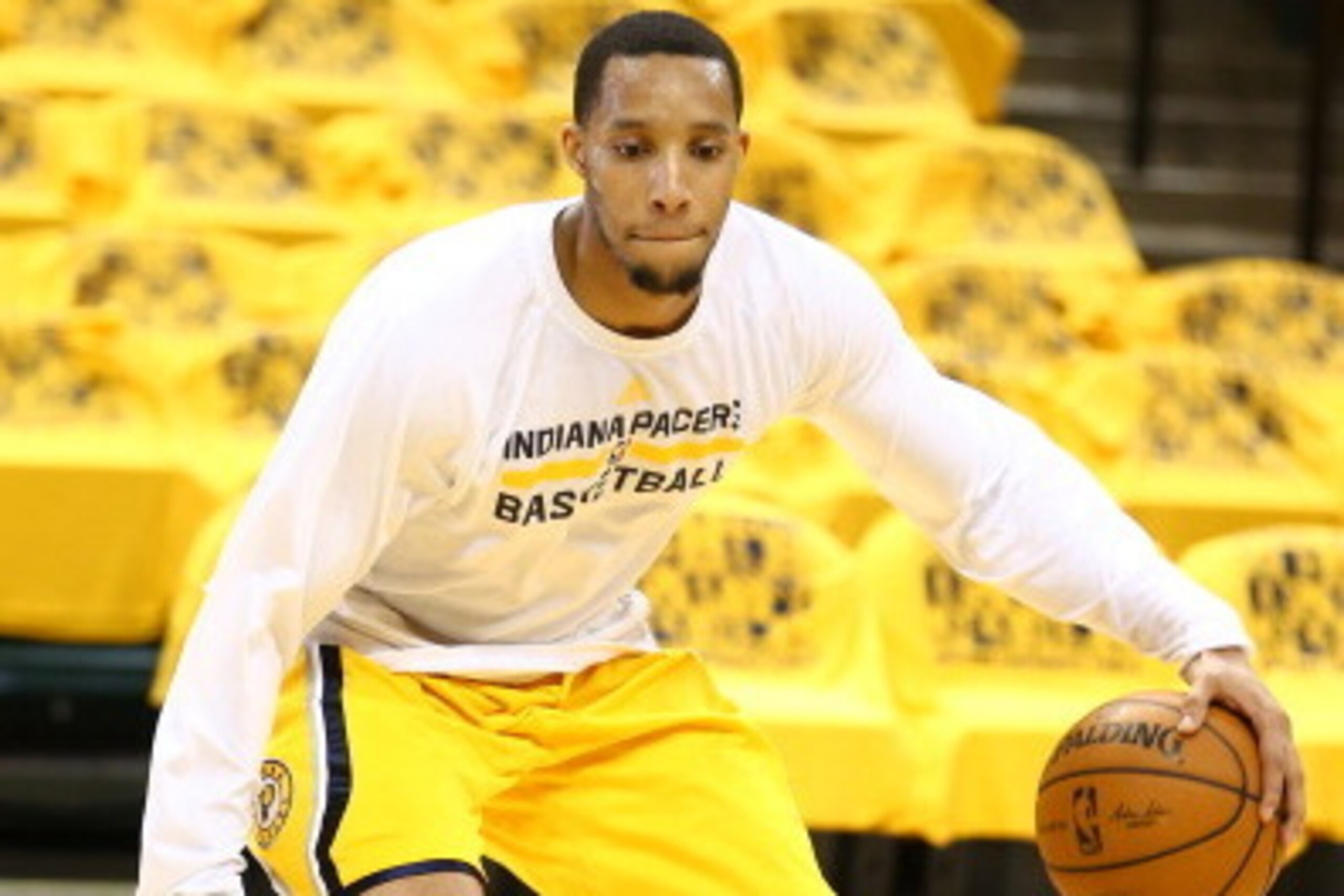 INDIANAPOLIS, IND - MAY 20: Evan Turner #12 of the Indiana Pacers warms up before a game against the Miami Heat in Game Two of the Eastern Conference Finals during the 2014 NBA Playoffs at Bankers Life Fieldhouse on May 20, 2014 in Indianapolis, Indiana. 