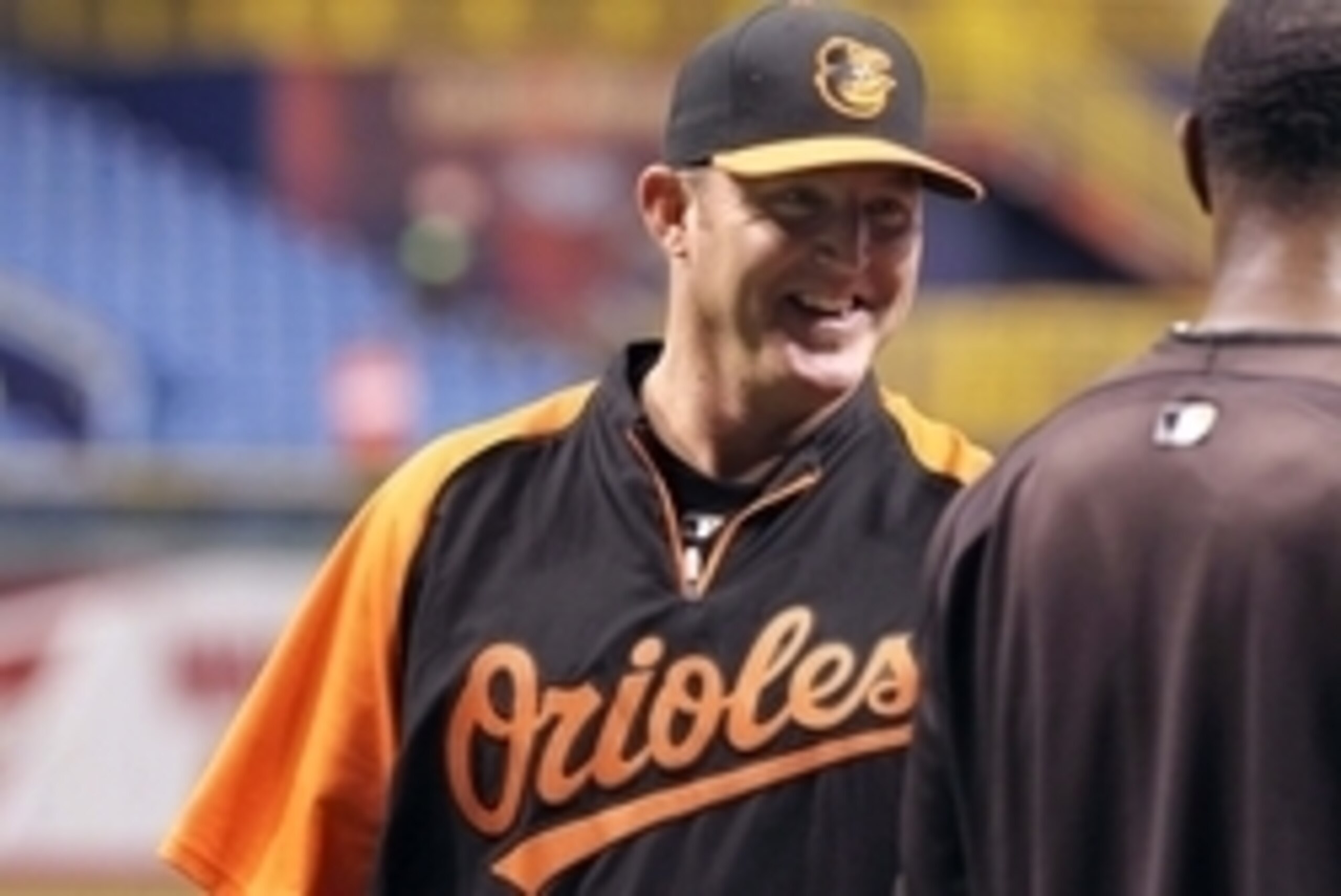 October 3, 2012; St. Petersburg, FL, USA; Baltimore Orioles designated hitter Jim Thome (left) smiles at center fielder Adam Jones (10) prior to the game against the Tampa Bay Rays at Tropicana Field. Mandatory Credit: Kim Klement-USA TODAY Sports October 3, 2012; St. Petersburg, FL, USA; Baltimore Orioles designated hitter Jim Thome (left) smiles at center fielder Adam Jones (10) prior to the game against the Tampa Bay Rays at Tropicana Field. Mandatory Credit: Kim Klement-USA TODAY Sports