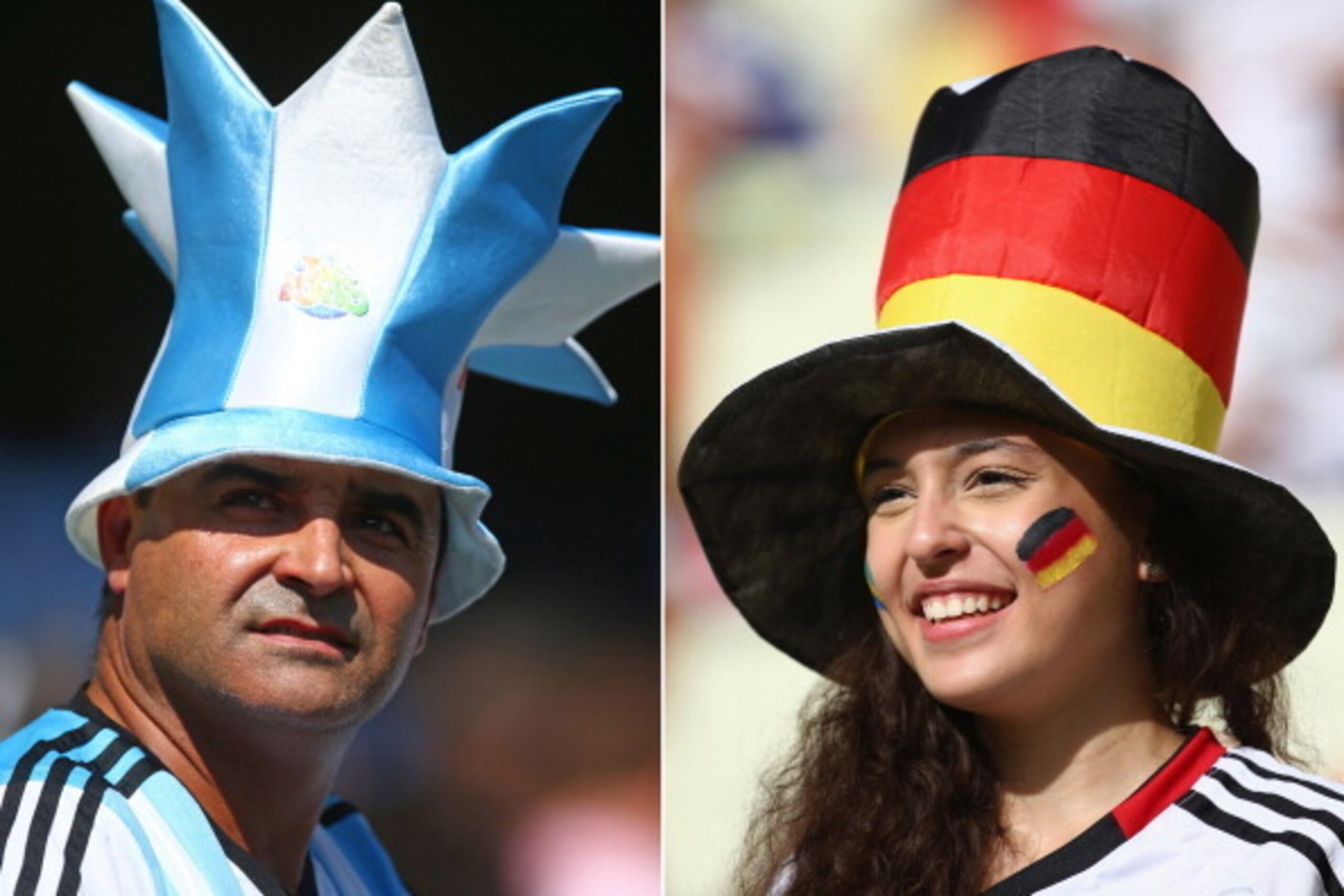 FILE PHOTO - EDITORS NOTE: COMPOSITE OF TWO IMAGES - Image Numbers 450985096 (L) and 450994202) In this composite image a comparison has been made between Argentina and Germany Fans. Germany and Argentina play each other in the 2014 FIFA World Cup Brazil 