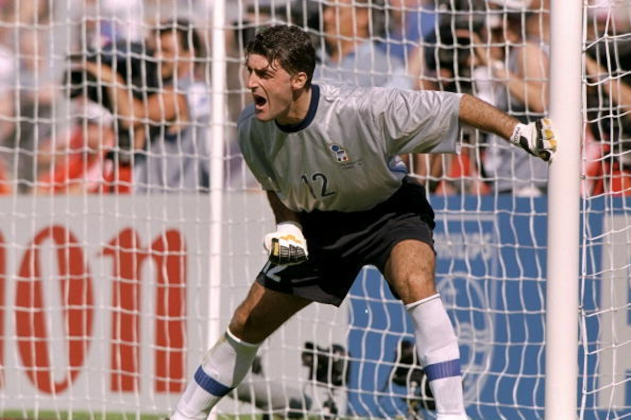 27 Jun 1998:  Italian goalkeeper Gianluca Pagliuca shouts to team mates during the World Cup second round match against Norway at the Stade Velodrome in Marseilles, France. Italy won the match 1-0. \ Mandatory Credit: Stu  Forster/Allsport