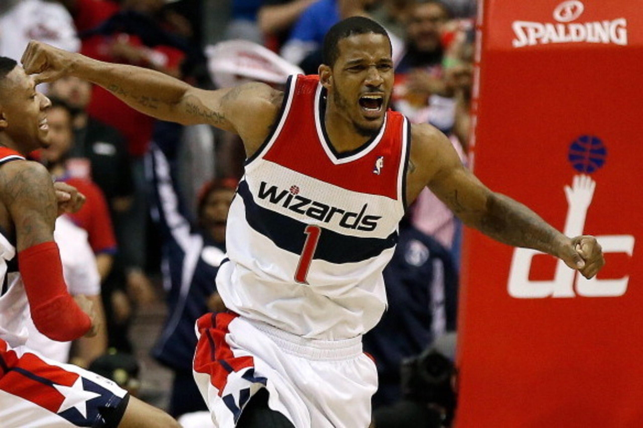 WASHINGTON, DC - APRIL 27:  Trevor Ariza #1 of the Washington Wizards celebrates after scoring a key basket late in the fourth quarter against the Chicago Bulls in Game Four of the Eastern Conference Quarterfinals during the 2014 NBA Playoffs at the Veriz