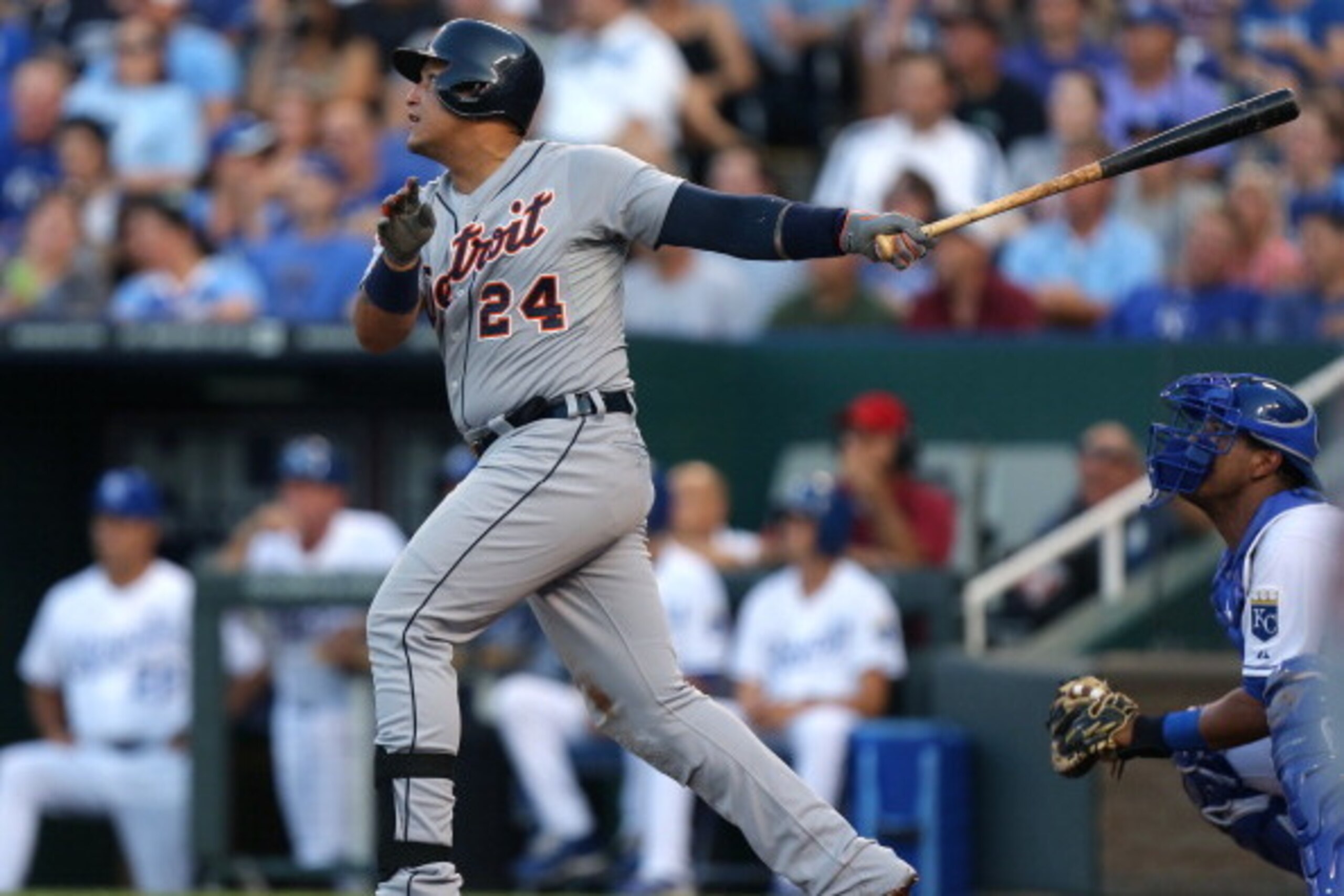 KANSAS CITY, MO - JULY 11: Miguel Cabrera #24 of the Detroit Tigers hits a sacrifice fly in the third inning against the Kansas City Royals at Kauffman Stadium on July 11, 2014 at Kauffman Stadium in Kansas City, Missouri. (Photo by Ed Zurga/Getty Images)